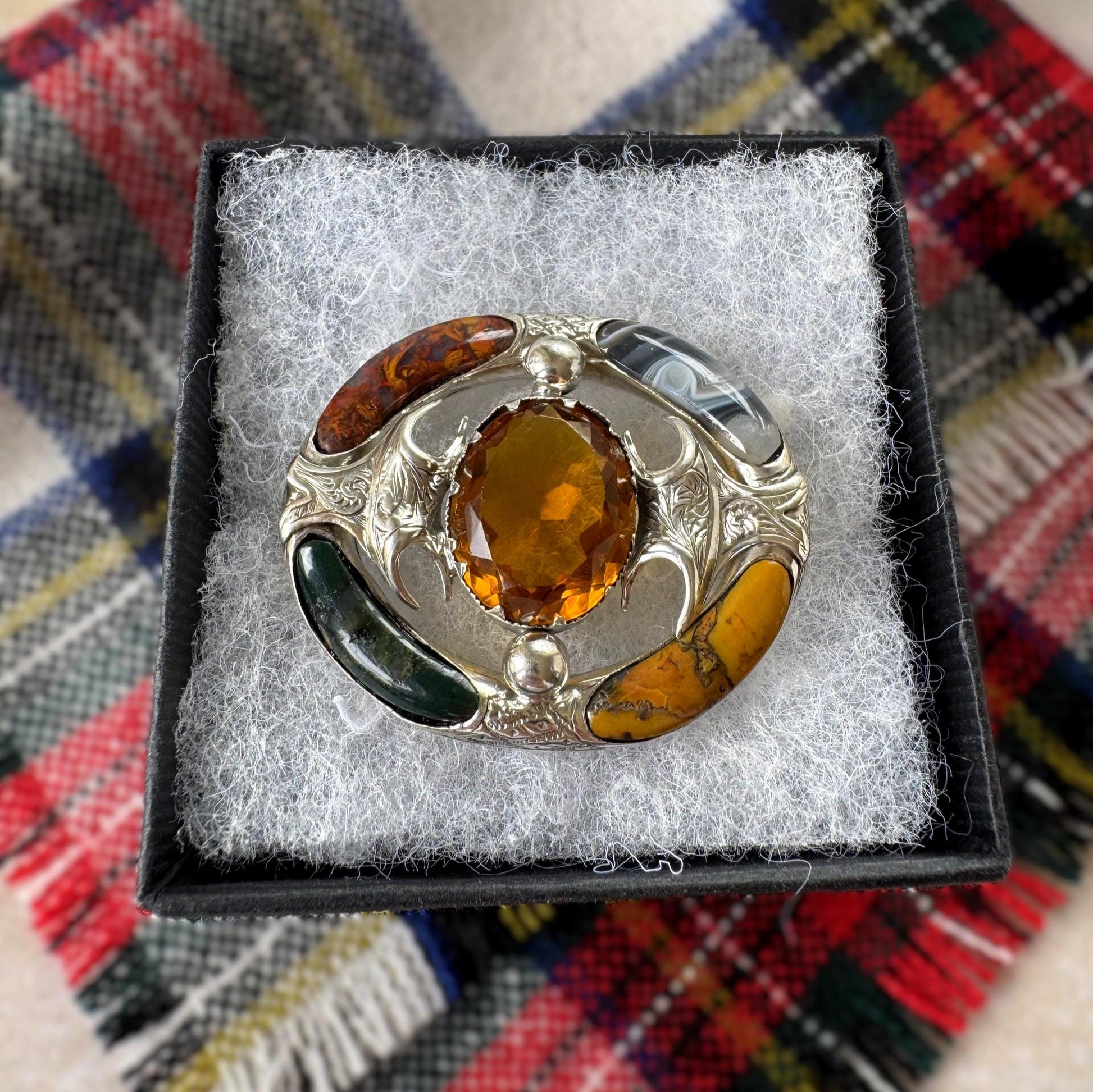 Antique Victorian Scottish Agate Cairngorm Brooch: Gothic Revival Sterling Silver Pebble Jewellery
