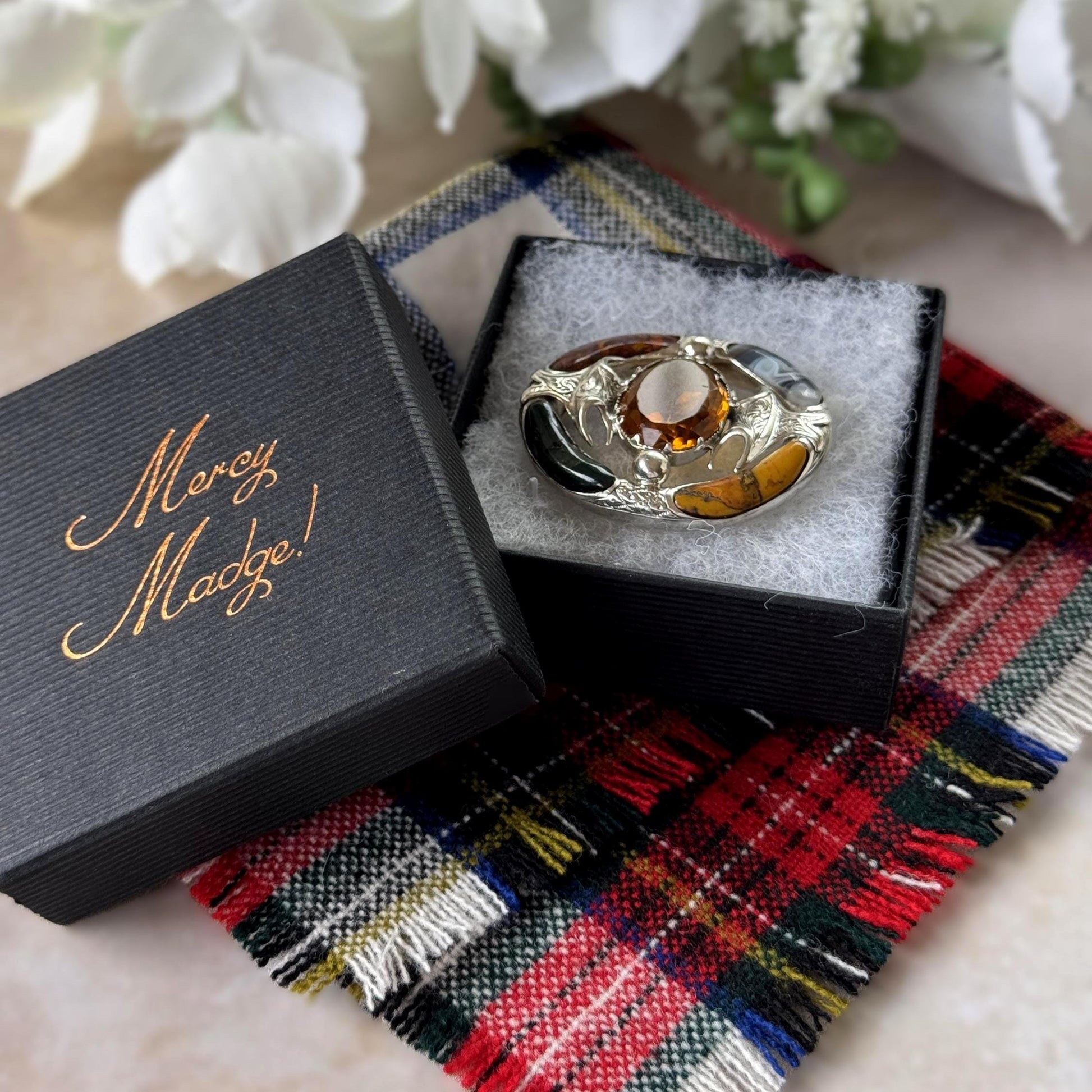 Antique Victorian Scottish Agate Cairngorm Brooch: Gothic Revival Sterling Silver Pebble Jewellery