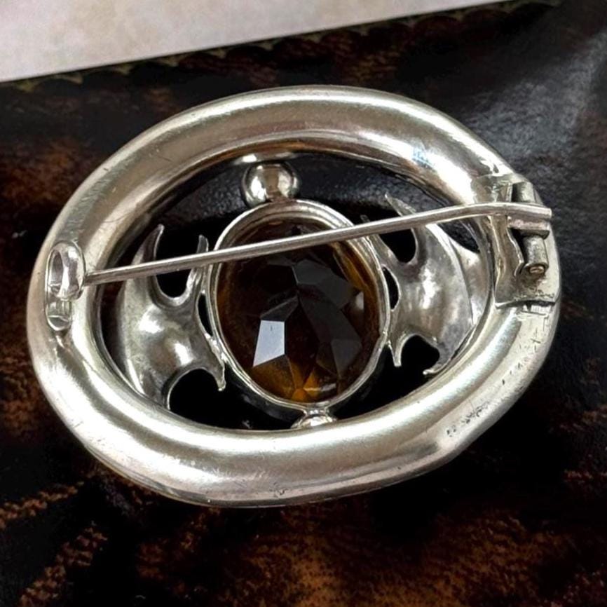 Antique Victorian Scottish Agate Cairngorm Brooch: Gothic Revival Sterling Silver Pebble Jewellery