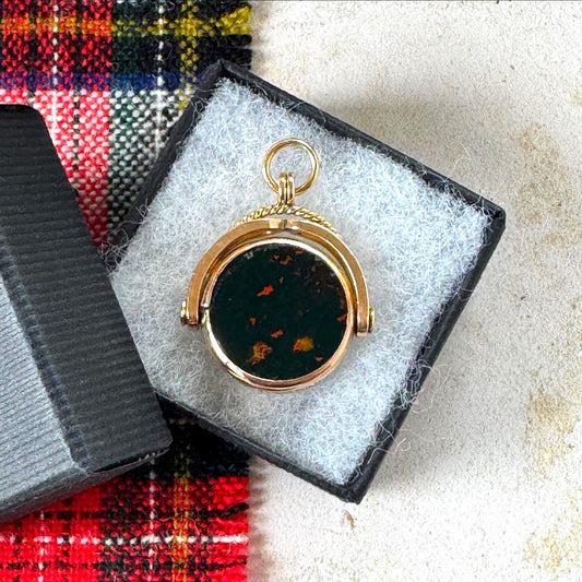 Antique 9ct Gold Bloodstone & Carnelian Spinner Fob Pendant, William Hair Haseler, Birmingham 1891