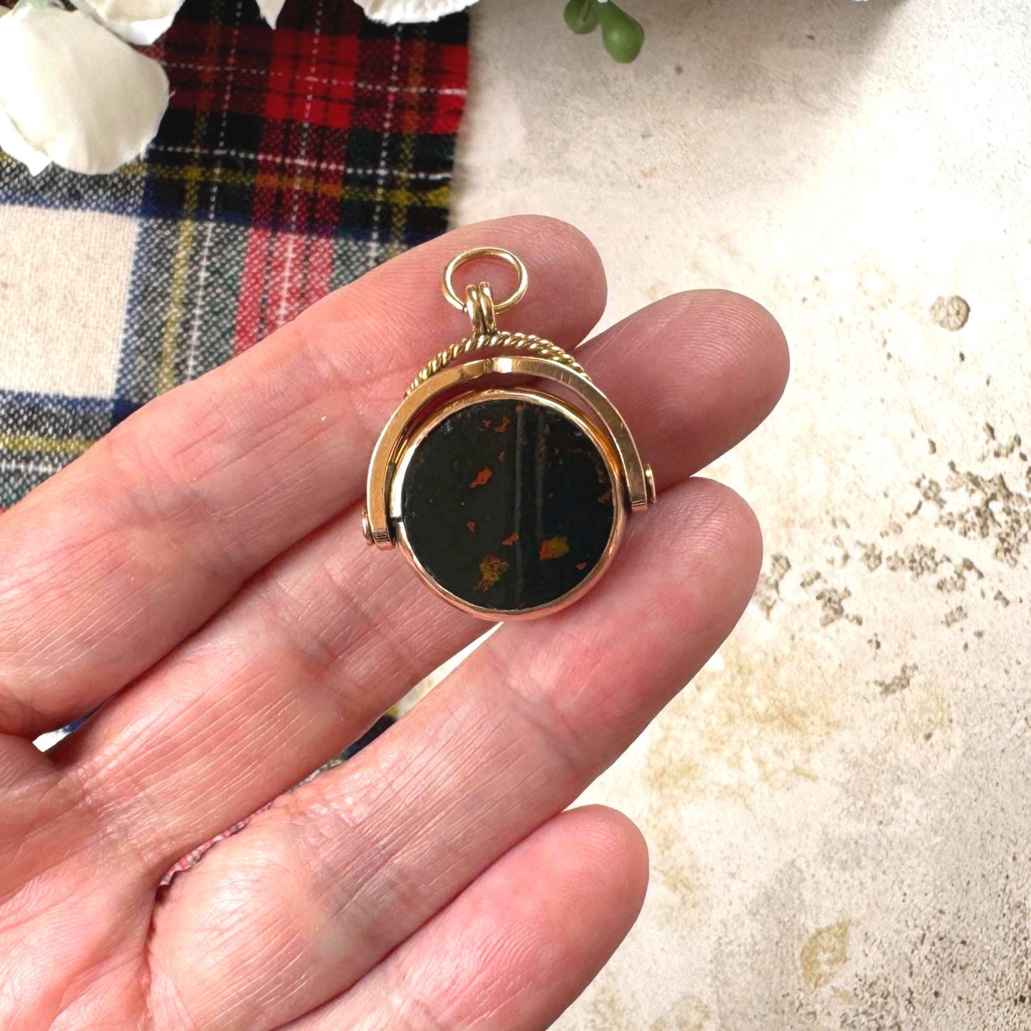 Antique 9ct Gold Bloodstone & Carnelian Spinner Fob Pendant, William Hair Haseler, Birmingham 1891