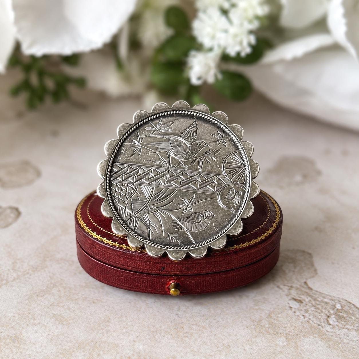 Antique Victorian Japonesque Engraved Sterling Silver Statement Brooch, Birmingham 1880 | Aesthetic Movement Lapel Pin