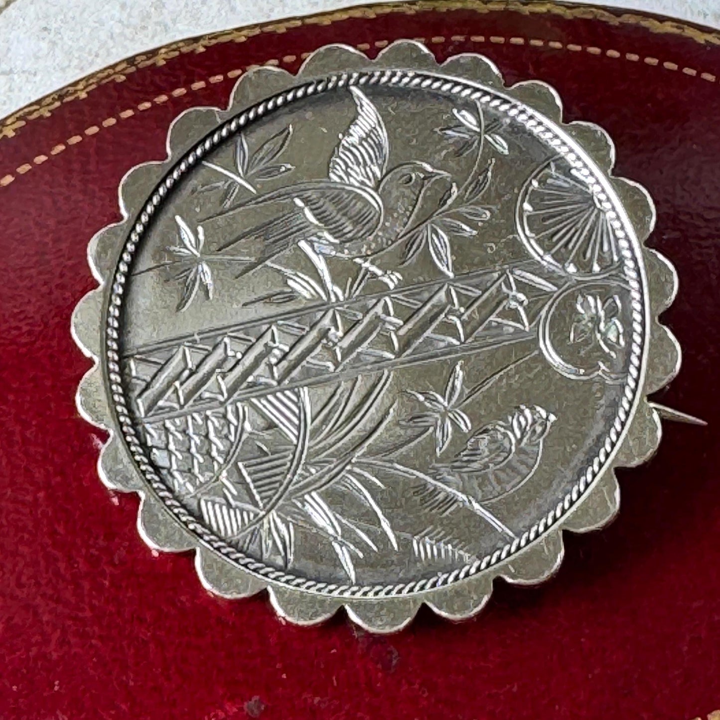 Antique Victorian Japonesque Engraved Sterling Silver Statement Brooch, Birmingham 1880 | Aesthetic Movement Lapel Pin