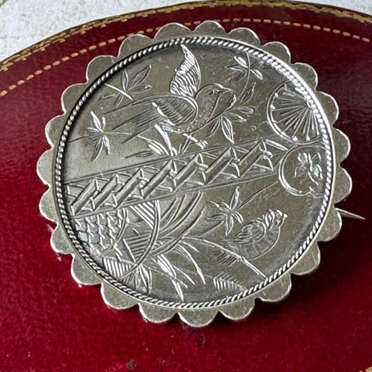 Antique Victorian Japonesque Engraved Sterling Silver Statement Brooch, Birmingham 1880 | Aesthetic Movement Lapel Pin