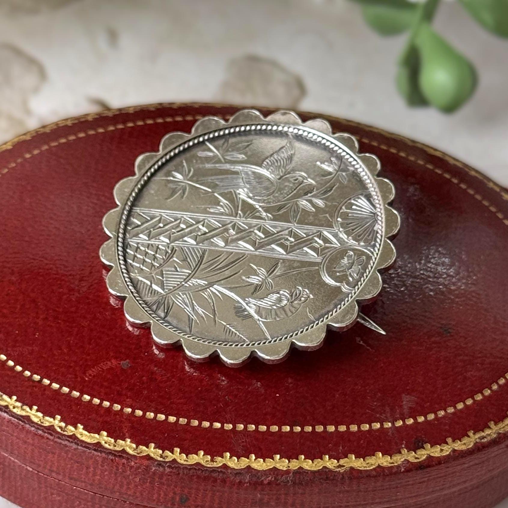 Antique Victorian Japonesque Engraved Sterling Silver Statement Brooch, Birmingham 1880 | Aesthetic Movement Lapel Pin