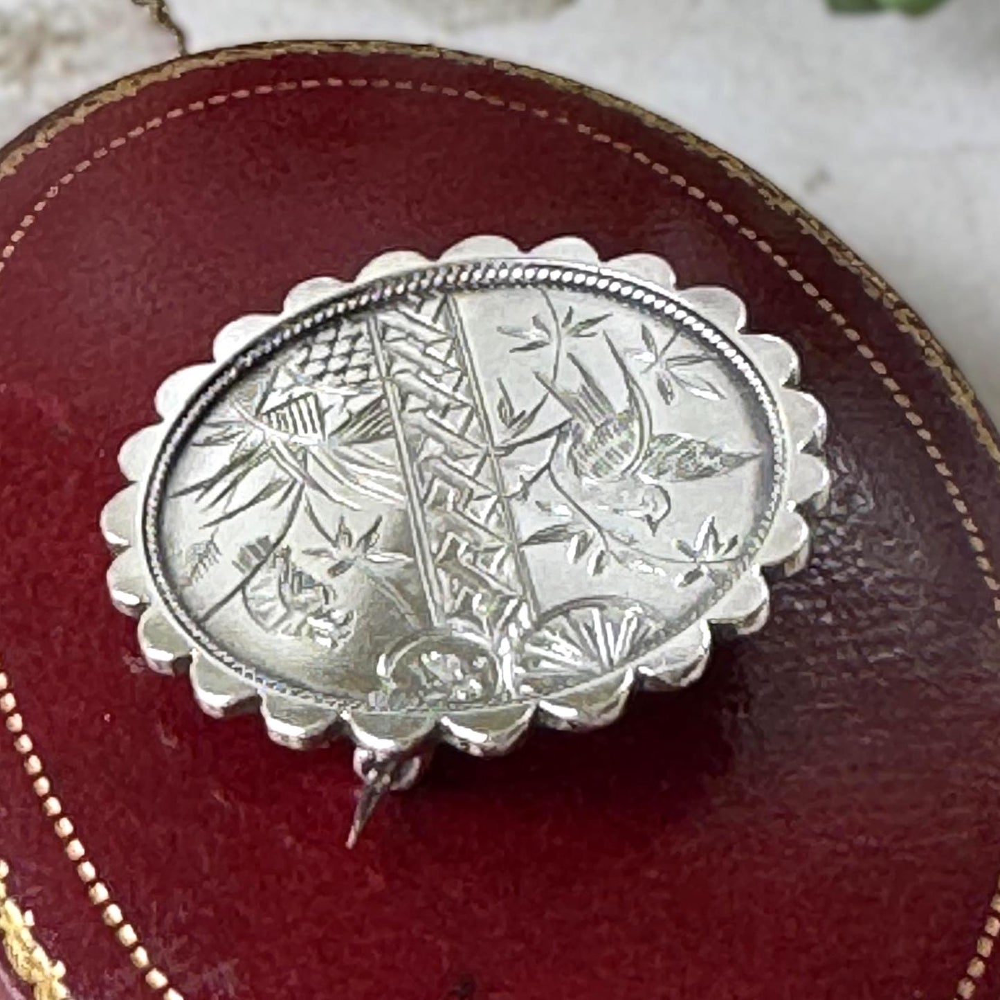 Antique Victorian Japonesque Engraved Sterling Silver Statement Brooch, Birmingham 1880 | Aesthetic Movement Lapel Pin