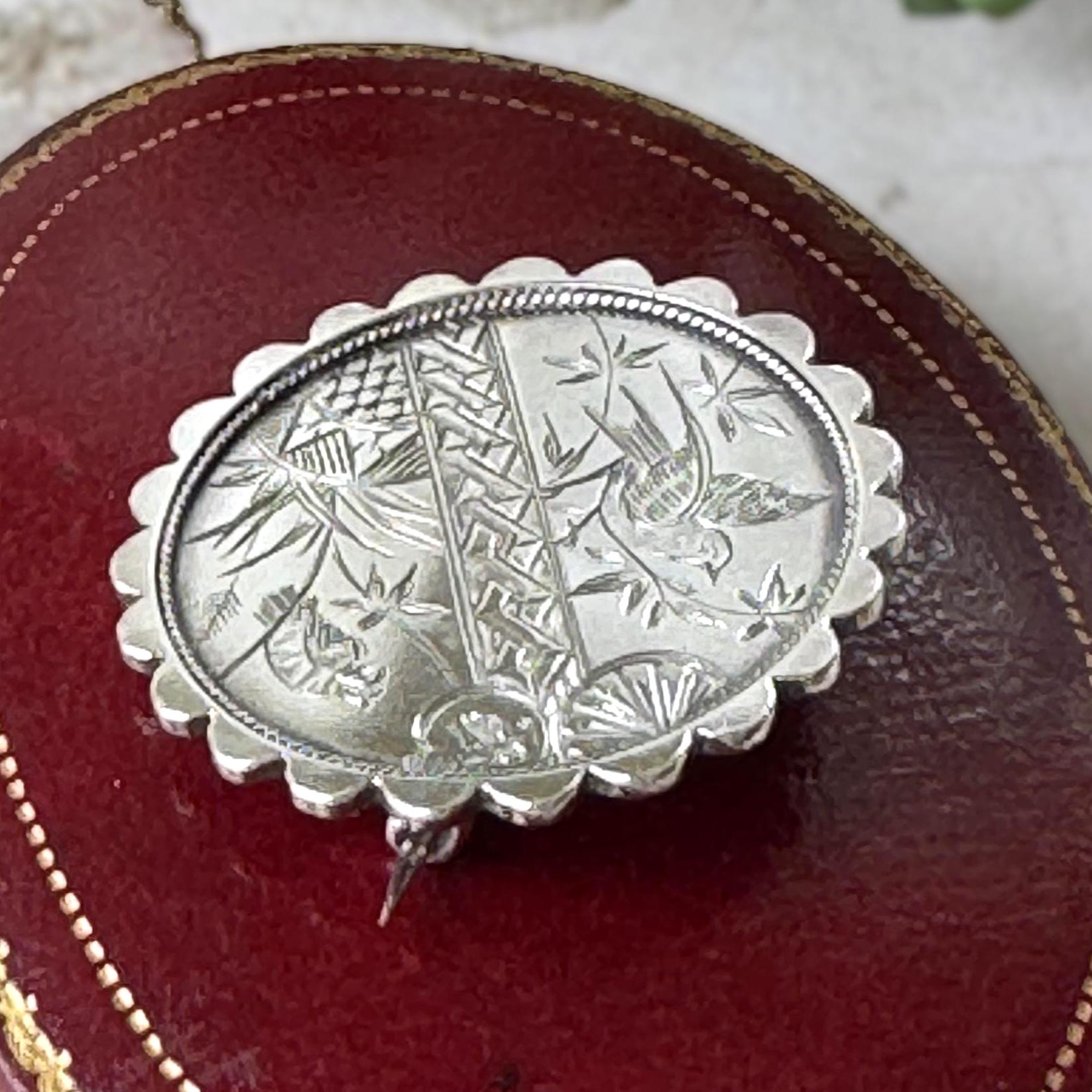 Antique Victorian Japonesque Engraved Sterling Silver Statement Brooch, Birmingham 1880 | Aesthetic Movement Lapel Pin