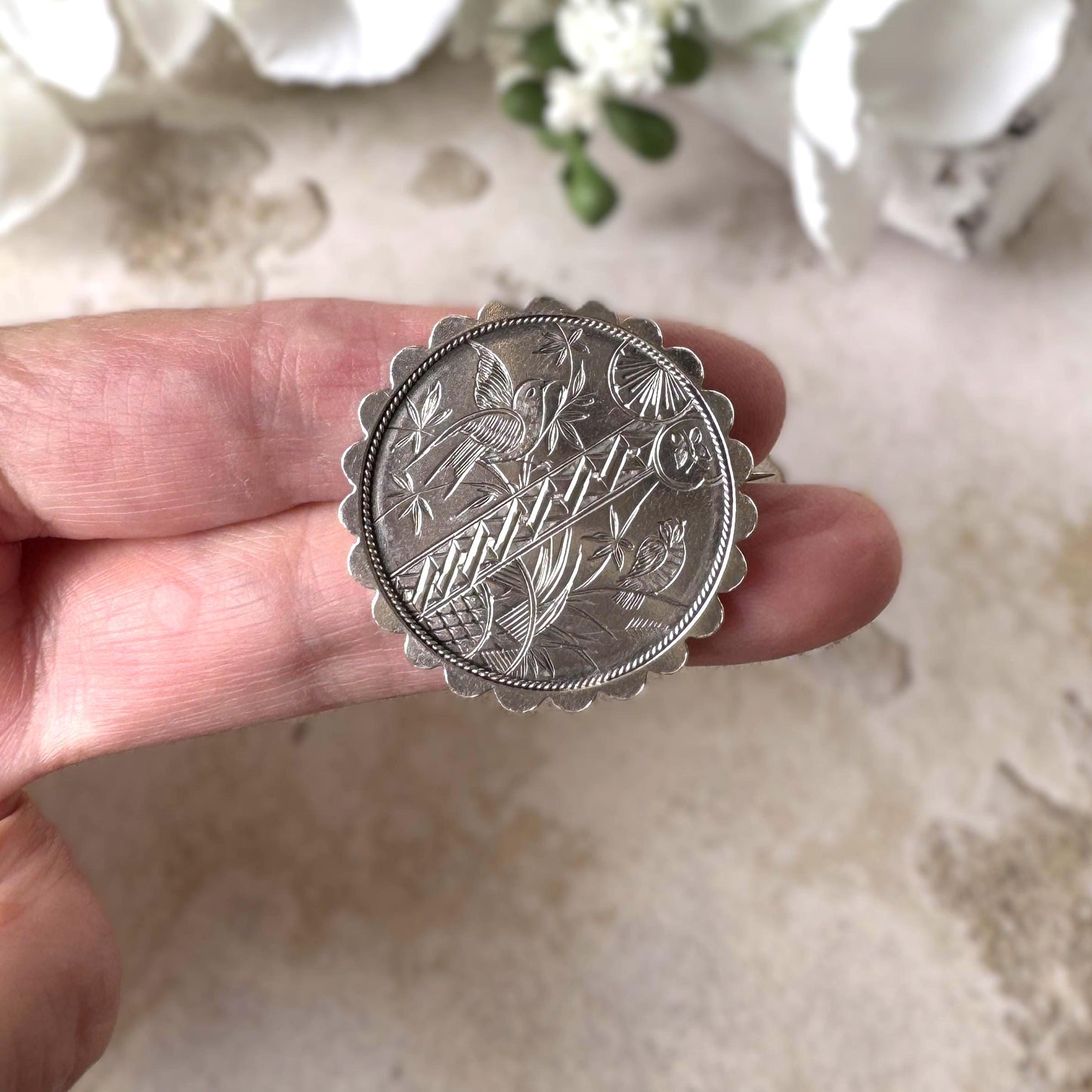 Antique Victorian Japonesque Engraved Sterling Silver Statement Brooch, Birmingham 1880 | Aesthetic Movement Lapel Pin