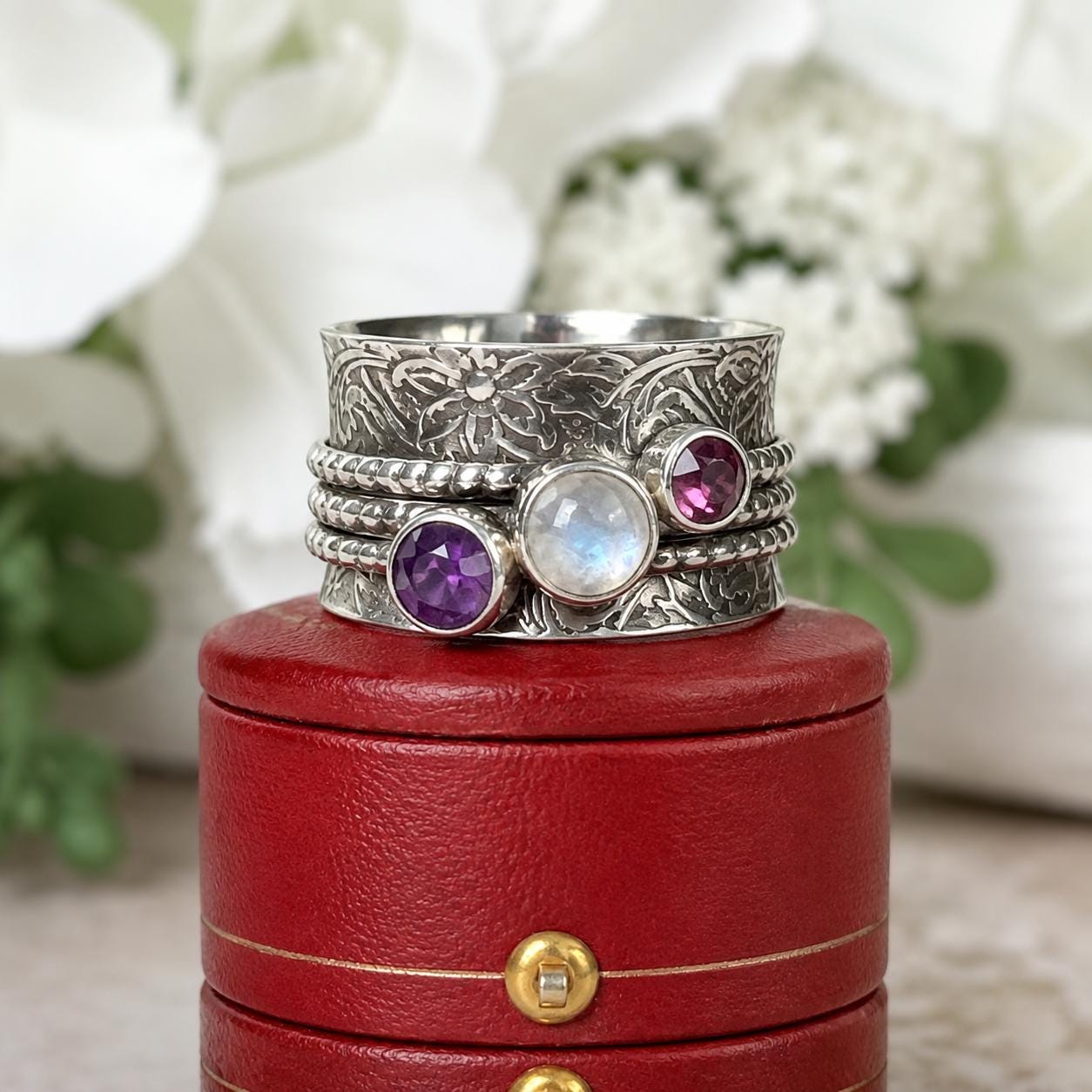 Vintage Italian Sterling Silver Spinner Ring | Moonstone Amethyst Pink Tourmaline Thumb Ring