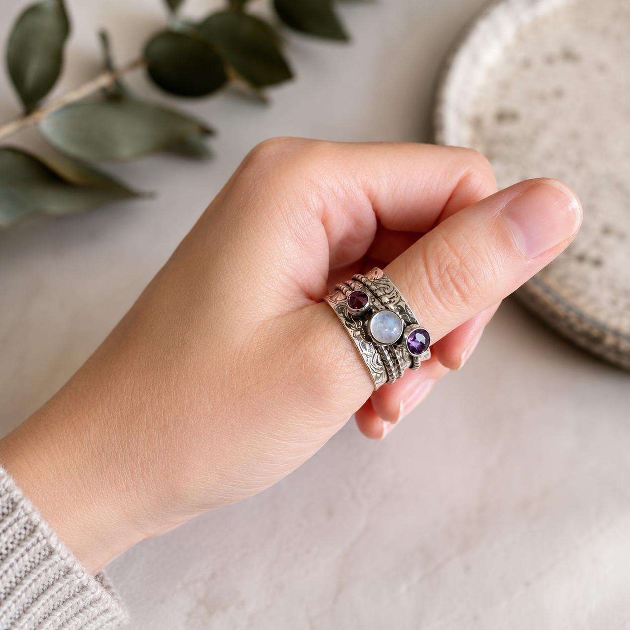 Vintage Italian Sterling Silver Spinner Ring | Moonstone Amethyst Pink Tourmaline Thumb Ring