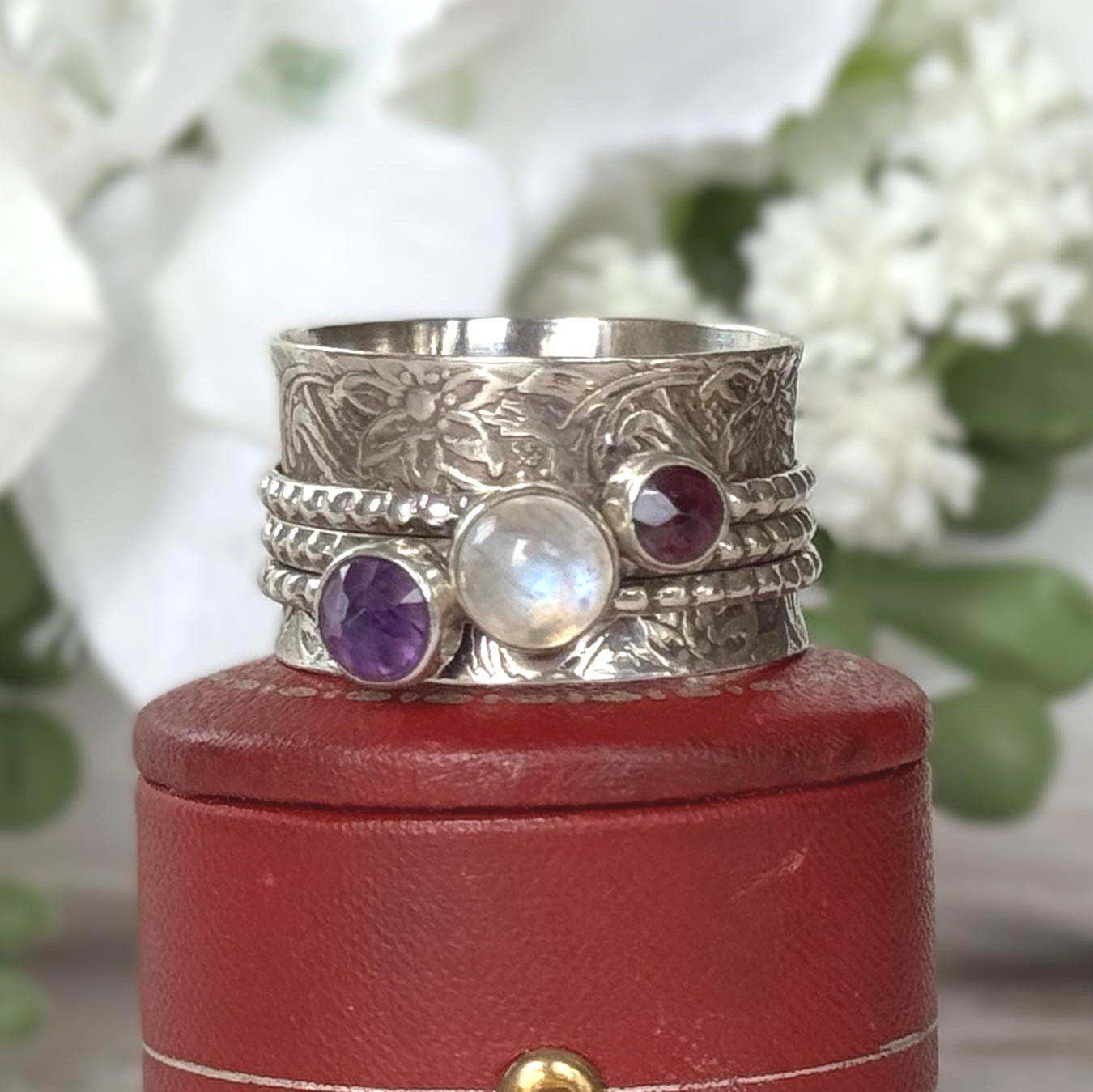 Vintage Italian Sterling Silver Spinner Ring | Moonstone Amethyst Pink Tourmaline Thumb Ring