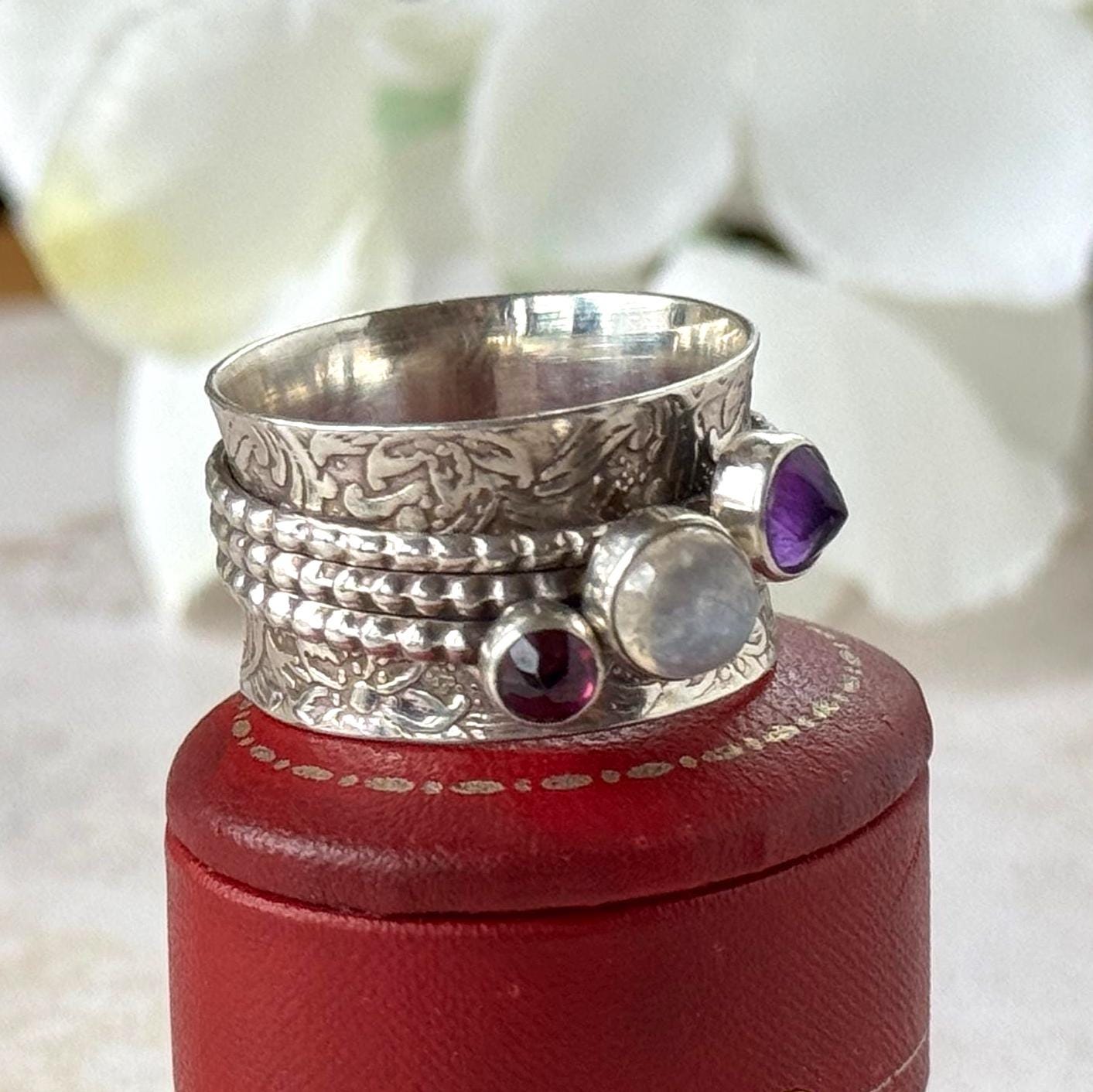 Vintage Italian Sterling Silver Spinner Ring | Moonstone Amethyst Pink Tourmaline Thumb Ring
