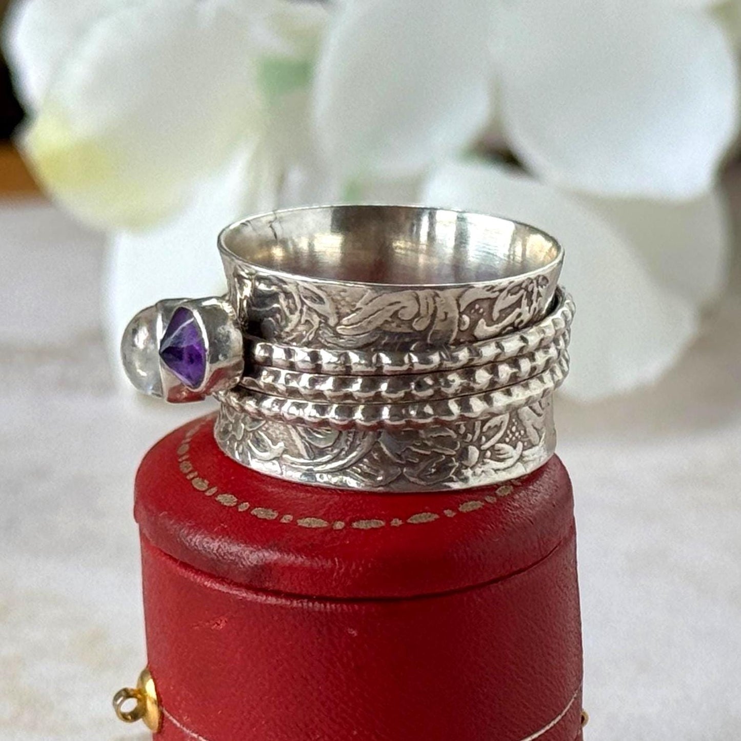 Vintage Italian Sterling Silver Spinner Ring | Moonstone Amethyst Pink Tourmaline Thumb Ring