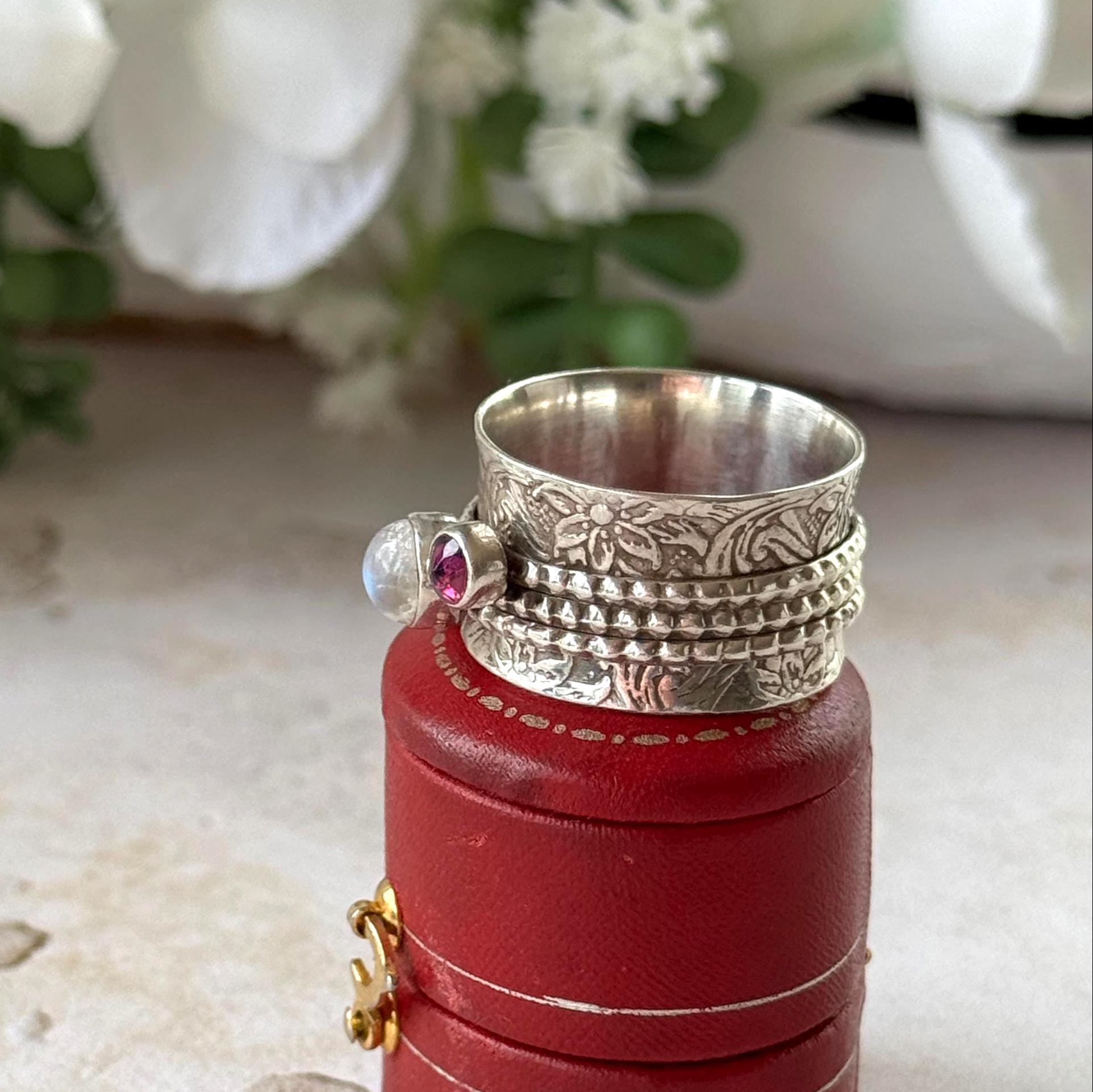 Vintage Italian Sterling Silver Spinner Ring | Moonstone Amethyst Pink Tourmaline Thumb Ring