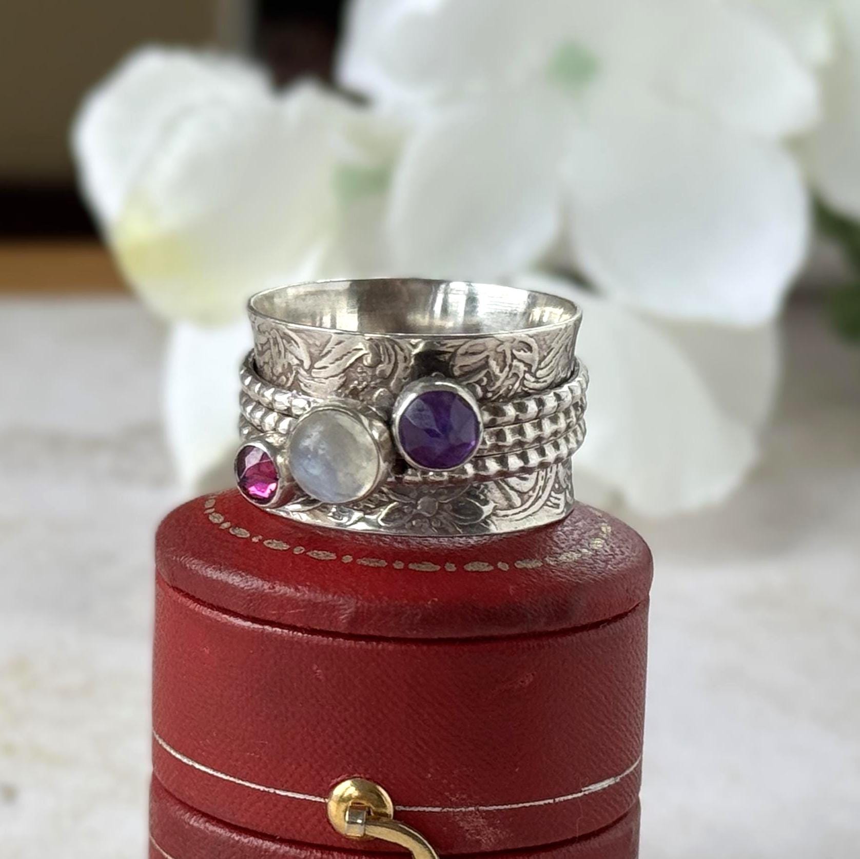 Vintage Italian Sterling Silver Spinner Ring | Moonstone Amethyst Pink Tourmaline Thumb Ring