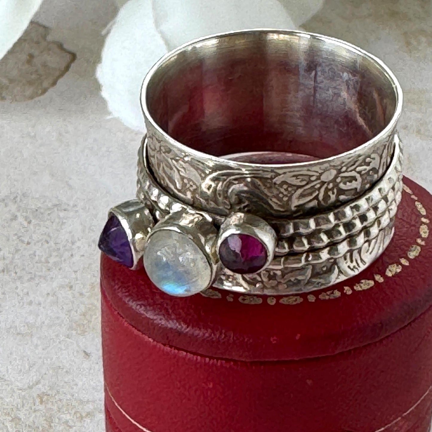 Vintage Italian Sterling Silver Spinner Ring | Moonstone Amethyst Pink Tourmaline Thumb Ring