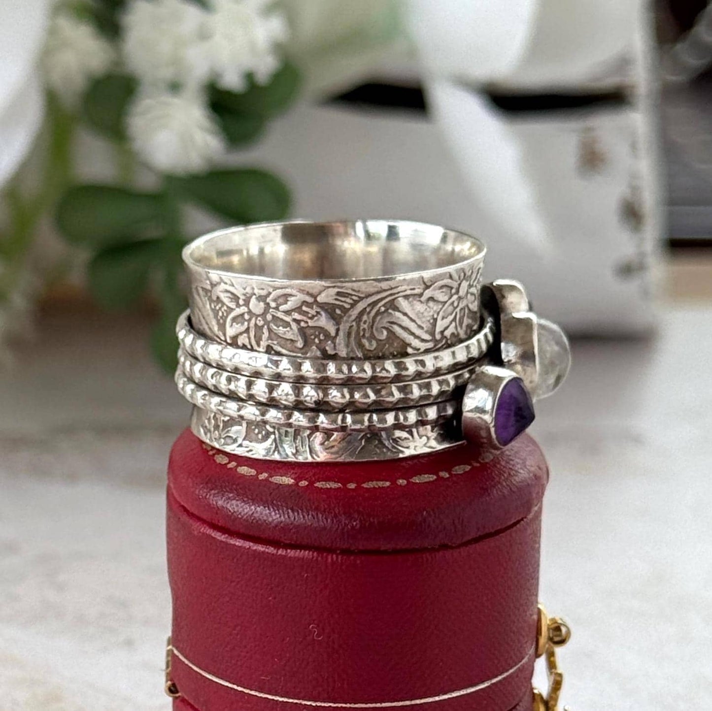 Vintage Italian Sterling Silver Spinner Ring | Moonstone Amethyst Pink Tourmaline Thumb Ring