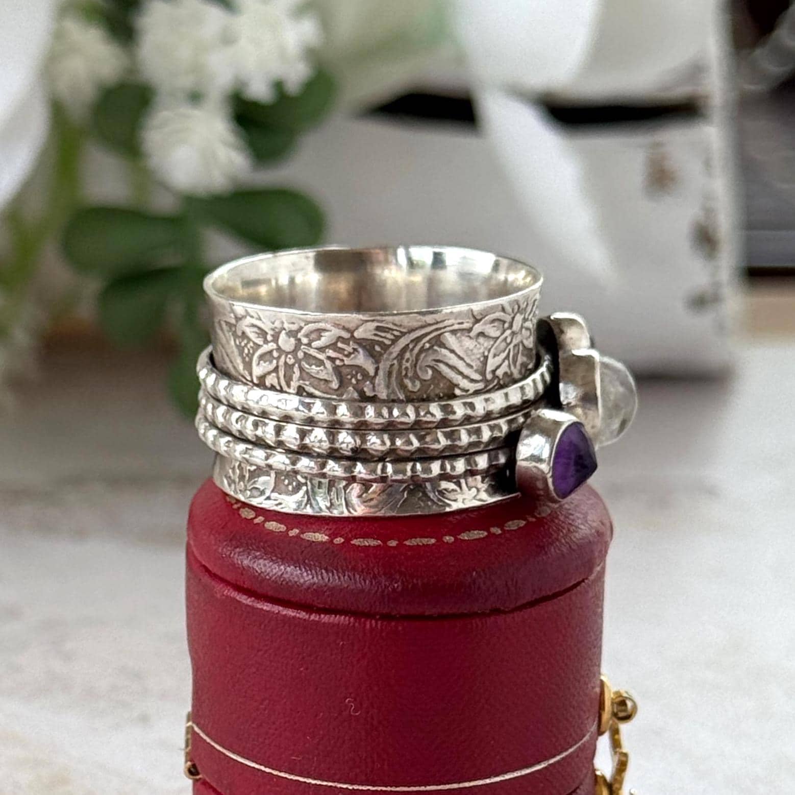 Vintage Italian Sterling Silver Spinner Ring | Moonstone Amethyst Pink Tourmaline Thumb Ring