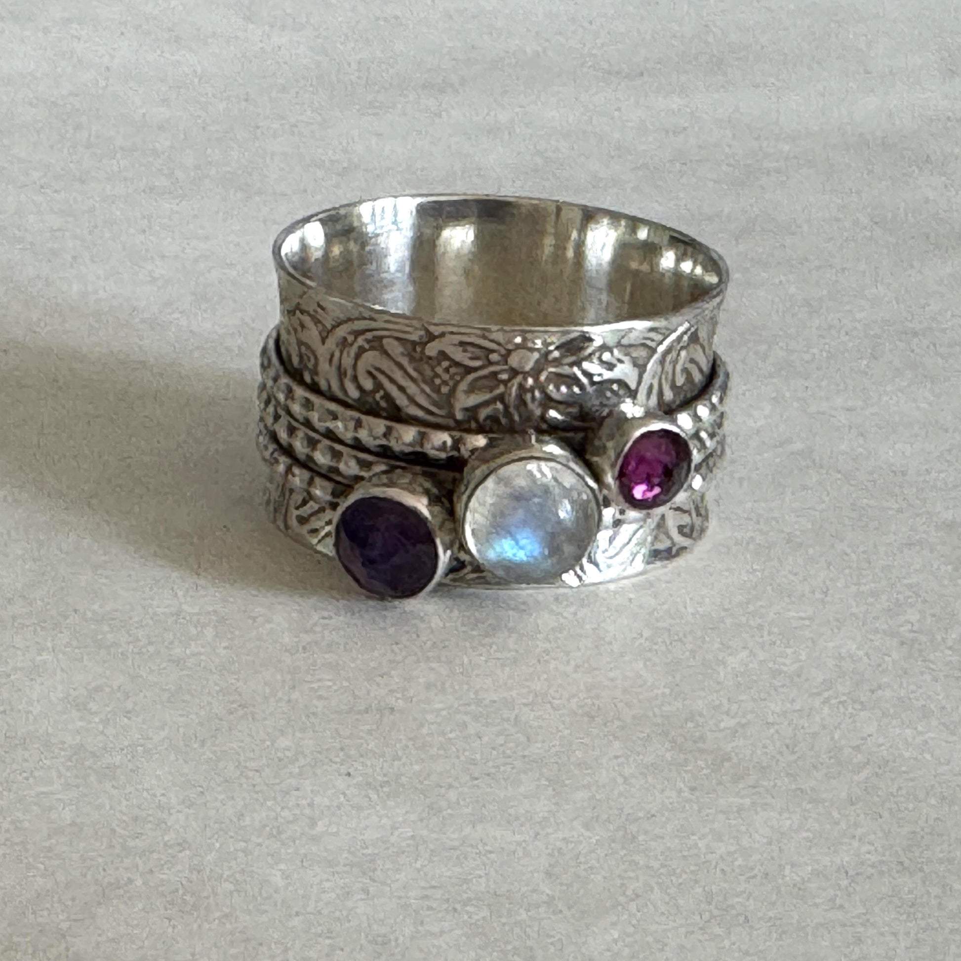 Vintage Italian Sterling Silver Spinner Ring | Moonstone Amethyst Pink Tourmaline Thumb Ring