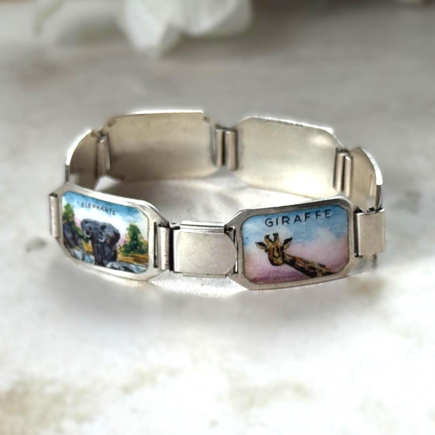 Vintage 1950s Sterling Silver & Enamel African Safari Panel Bracelet, REU Germany