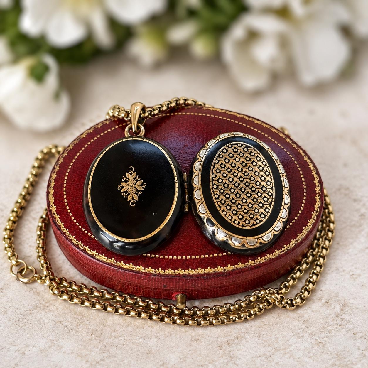 Antique Victorian Piqué Locket Necklace, Gold & Silver Inlay, Handmade Gilt Chain