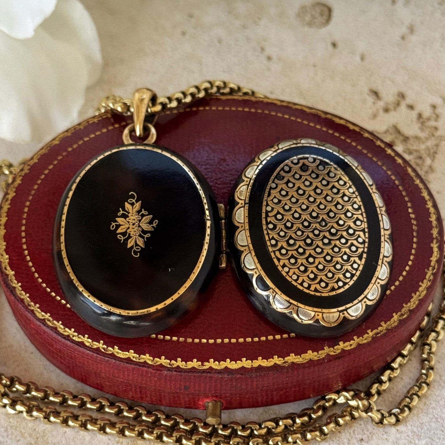 Antique Victorian Piqué Locket Necklace, Gold & Silver Inlay, Handmade Gilt Chain