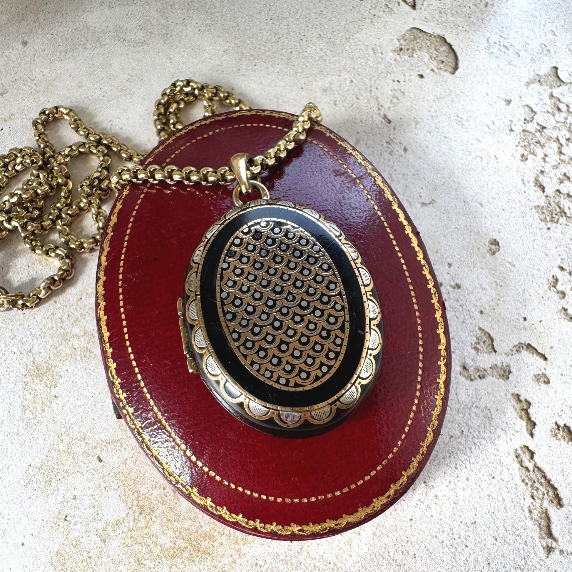 Antique Victorian Piqué Locket Necklace, Gold & Silver Inlay, Handmade Gilt Chain