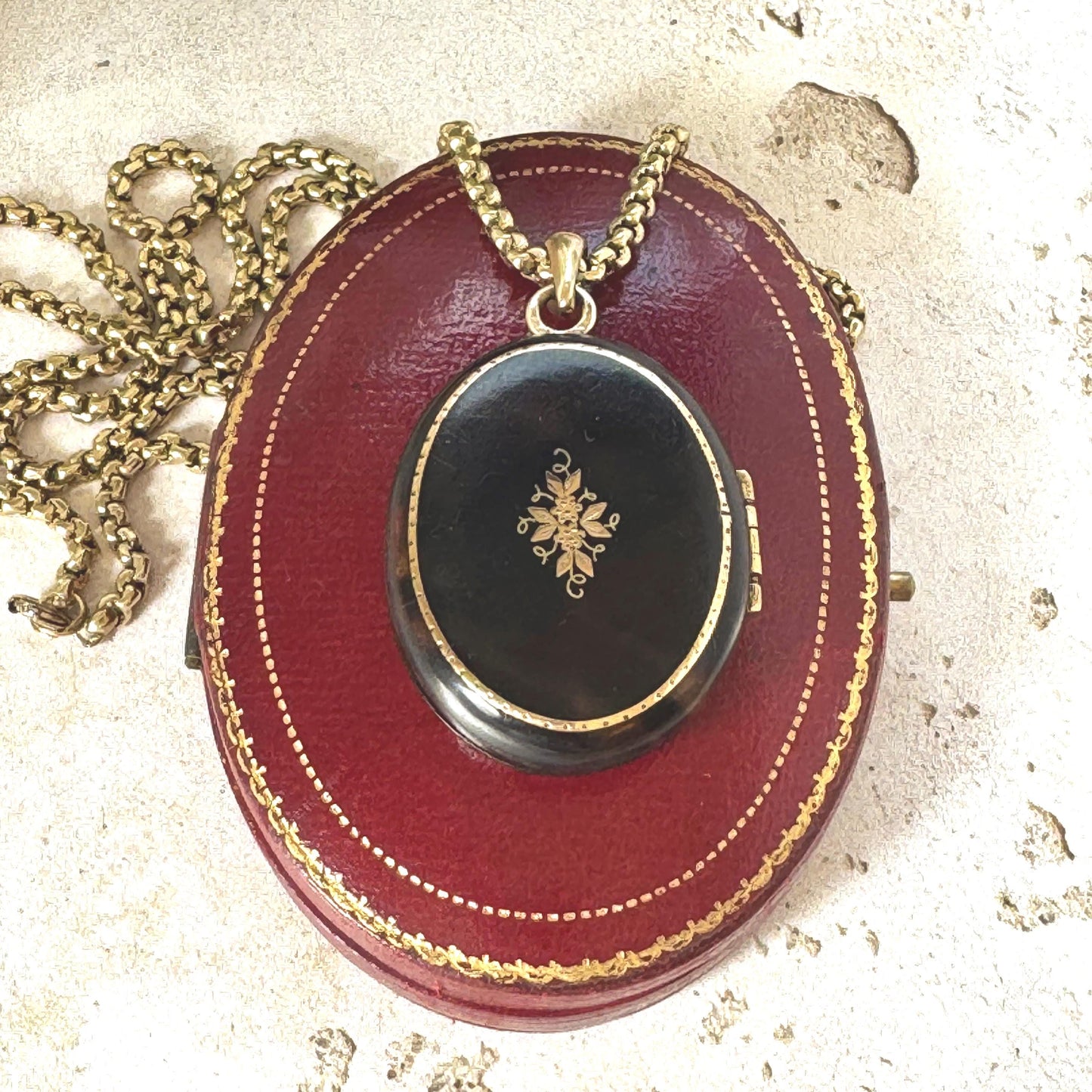 Antique Victorian Piqué Locket Necklace, Gold & Silver Inlay, Handmade Gilt Chain