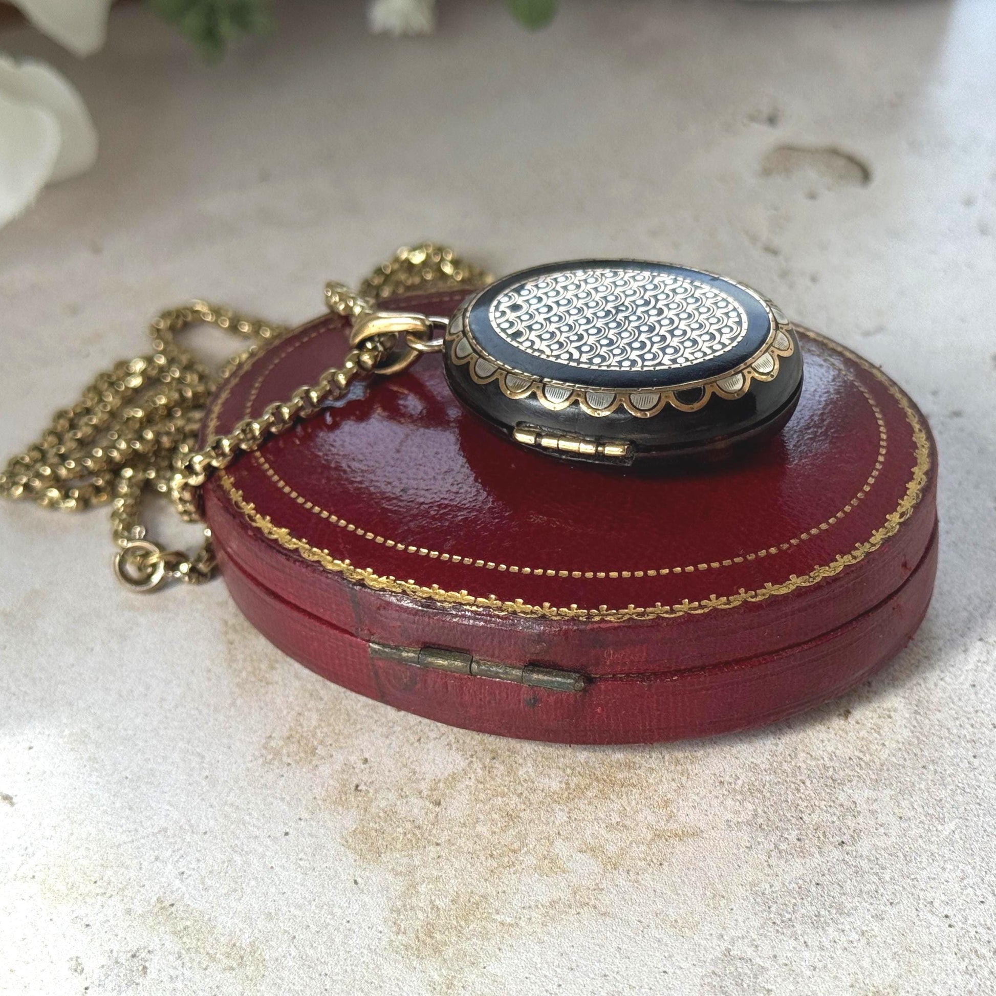 Antique Victorian Piqué Locket Necklace, Gold & Silver Inlay, Handmade Gilt Chain