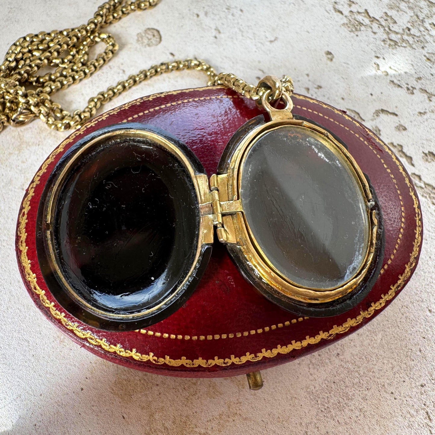 Antique Victorian Piqué Locket Necklace, Gold & Silver Inlay, Handmade Gilt Chain