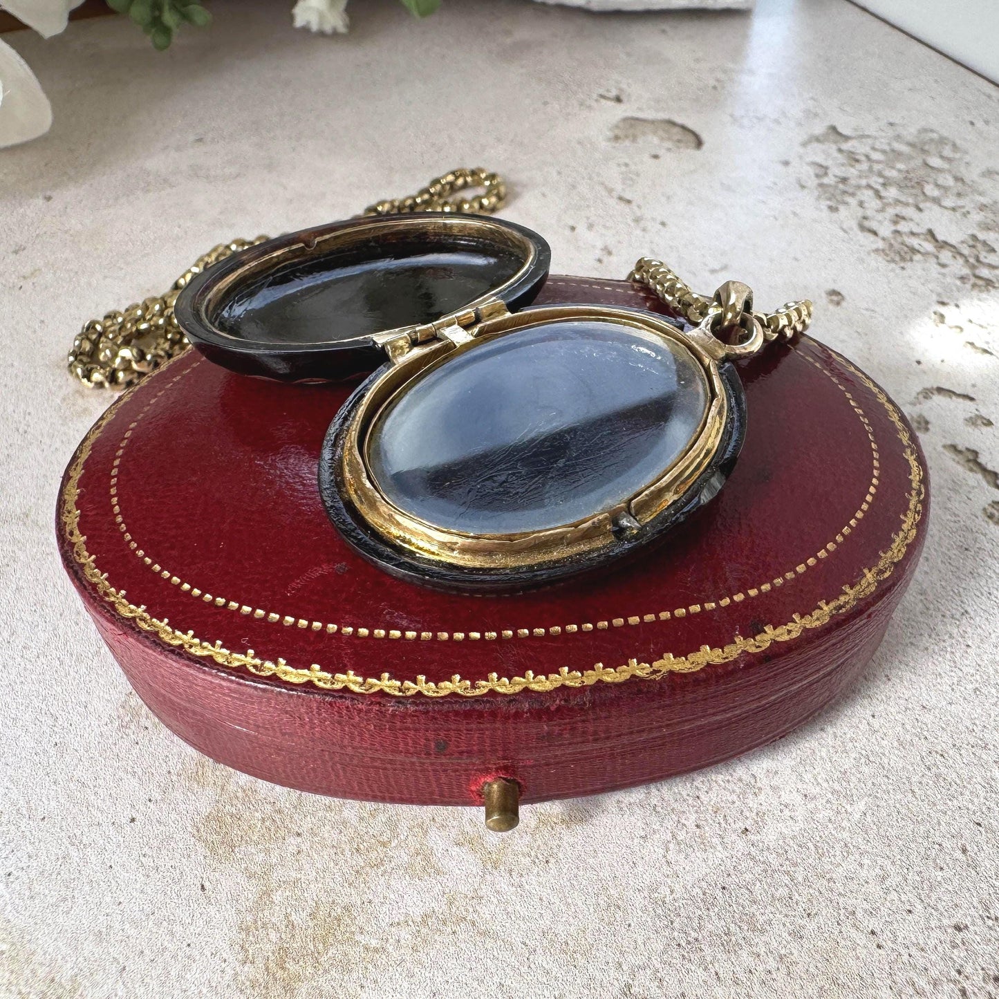 Antique Victorian Piqué Locket Necklace, Gold & Silver Inlay, Handmade Gilt Chain