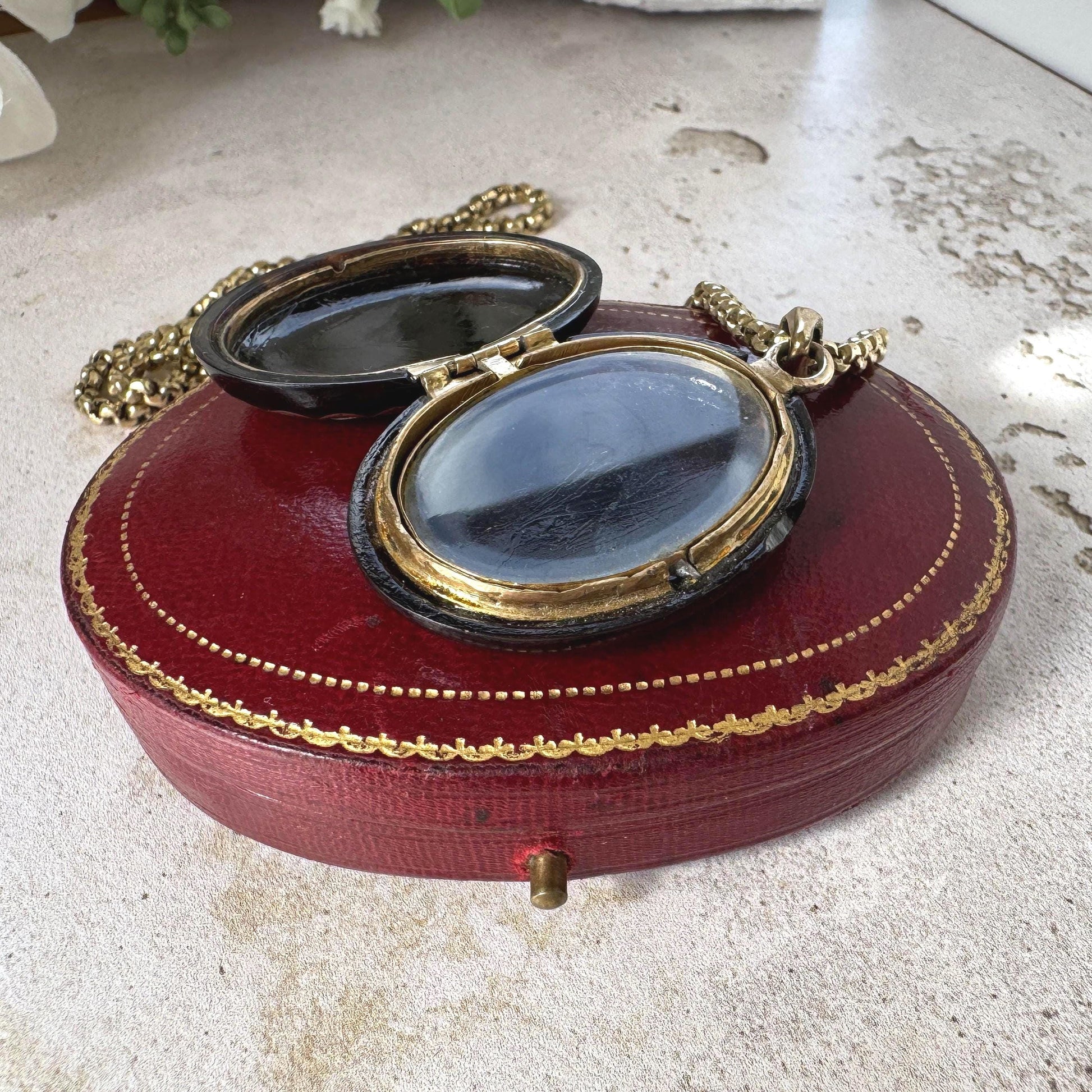 Antique Victorian Piqué Locket Necklace, Gold & Silver Inlay, Handmade Gilt Chain