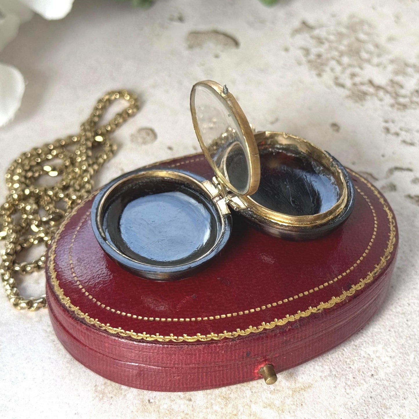 Antique Victorian Piqué Locket Necklace, Gold & Silver Inlay, Handmade Gilt Chain