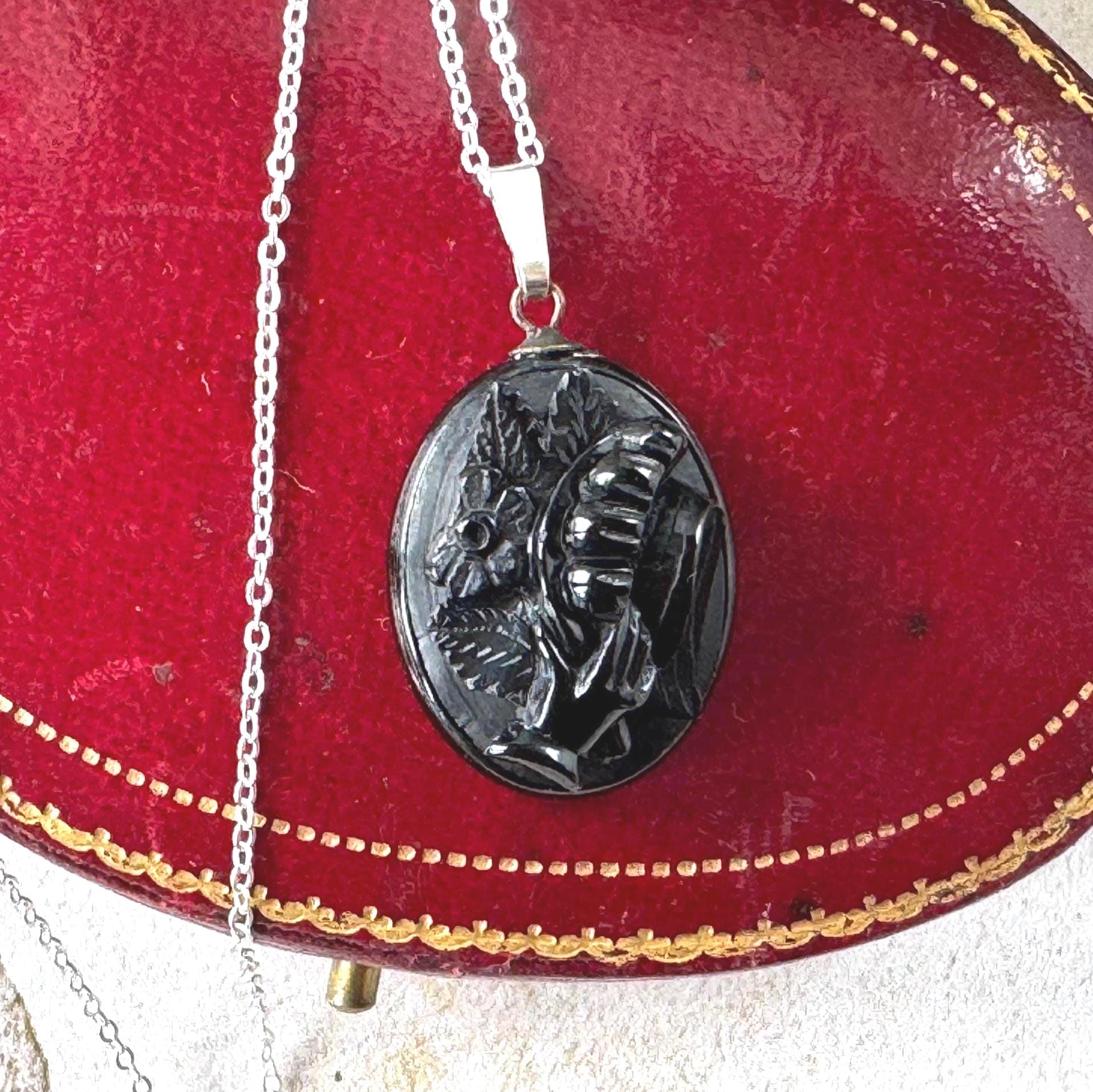 Antique Victorian Whitby Jet Hand Pendant | Deeply Carved Floral Hat, c.1880