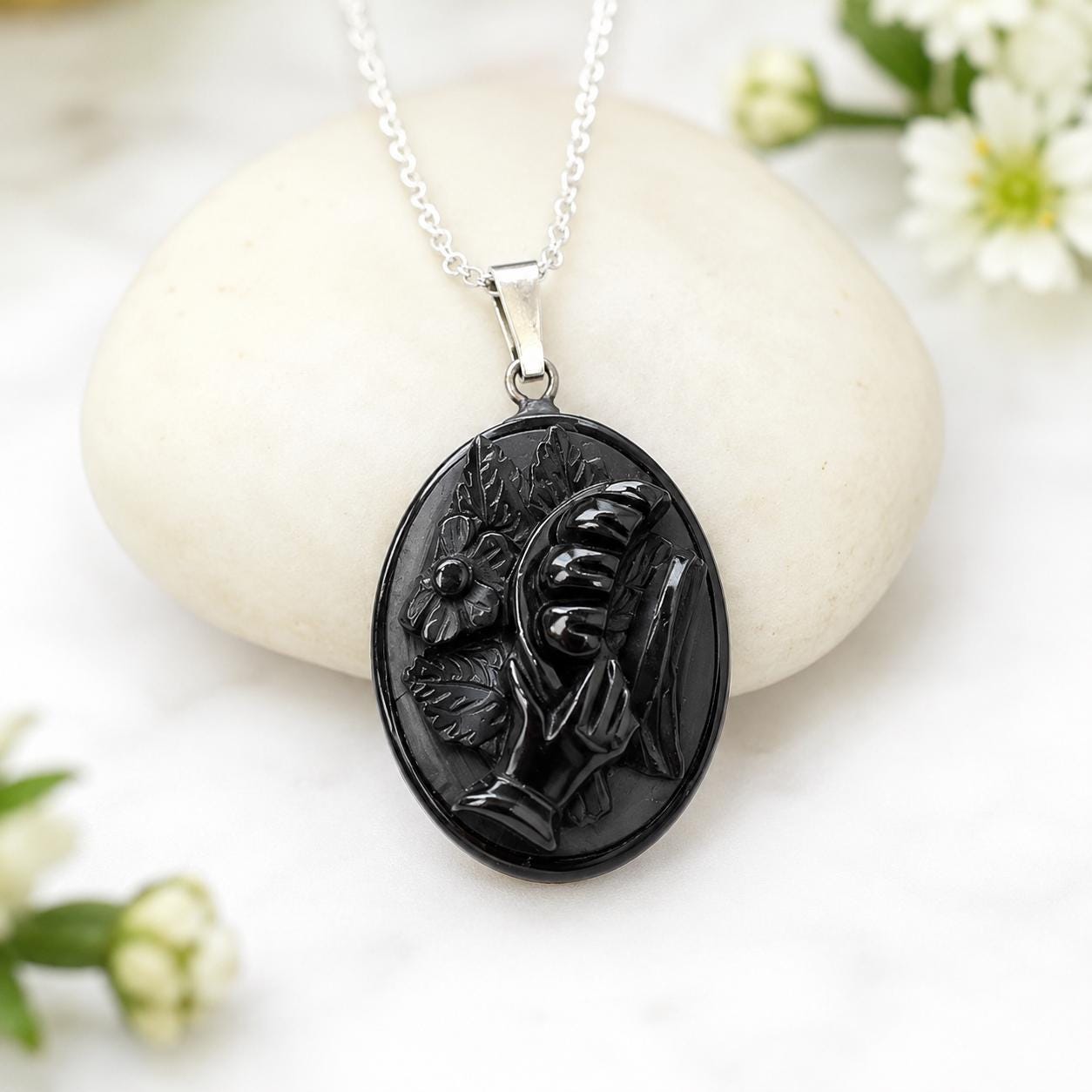Antique Victorian Whitby Jet Hand Pendant | Deeply Carved Floral Hat, c.1880