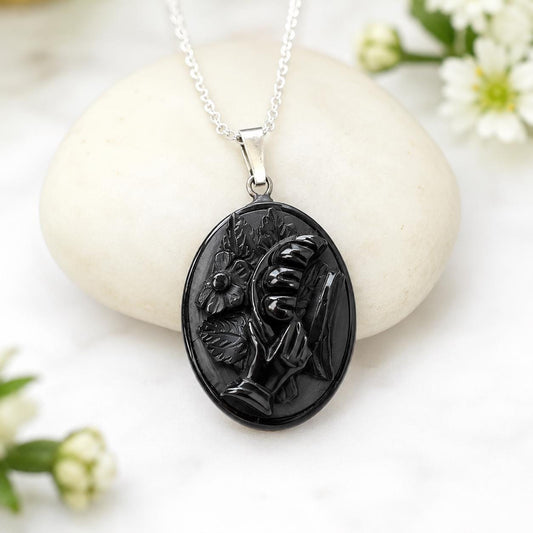 Antique Victorian Whitby Jet Hand Pendant | Deeply Carved Floral Hat, c.1880