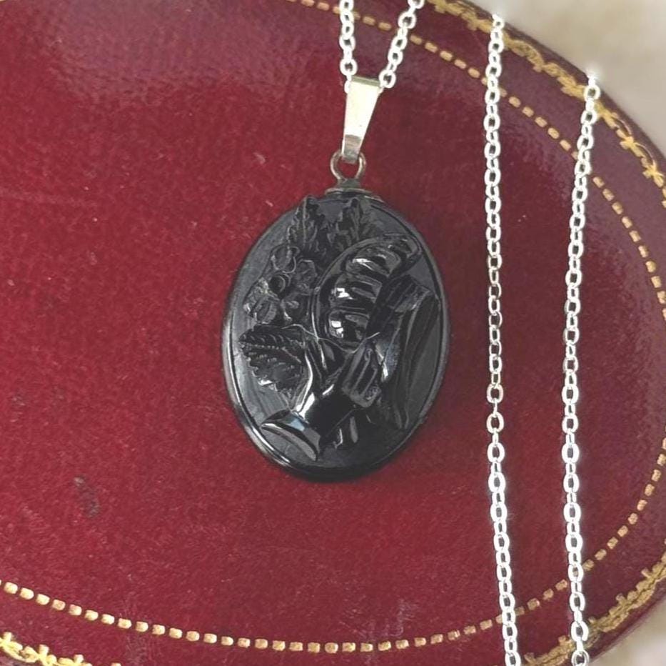 Antique Victorian Whitby Jet Hand Pendant | Deeply Carved Floral Hat, c.1880