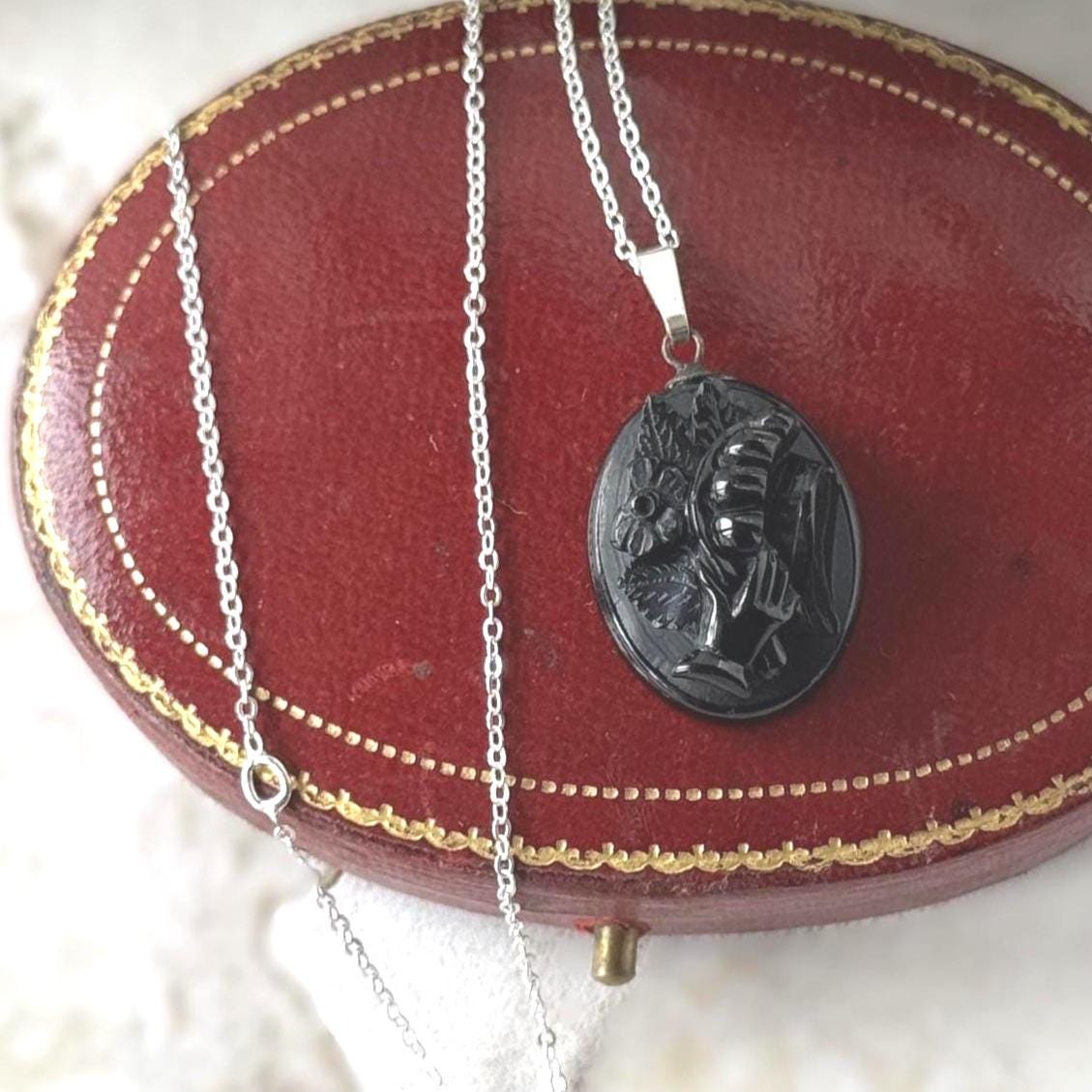 Antique Victorian Whitby Jet Hand Pendant | Deeply Carved Floral Hat, c.1880