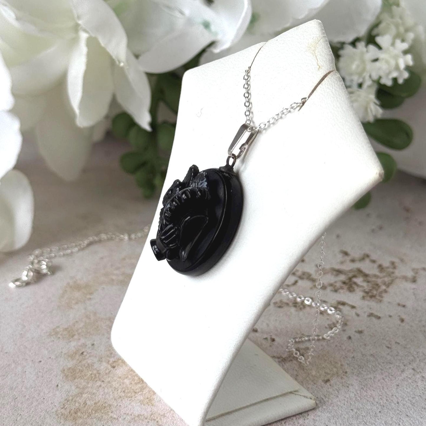Antique Victorian Whitby Jet Hand Pendant | Deeply Carved Floral Hat, c.1880