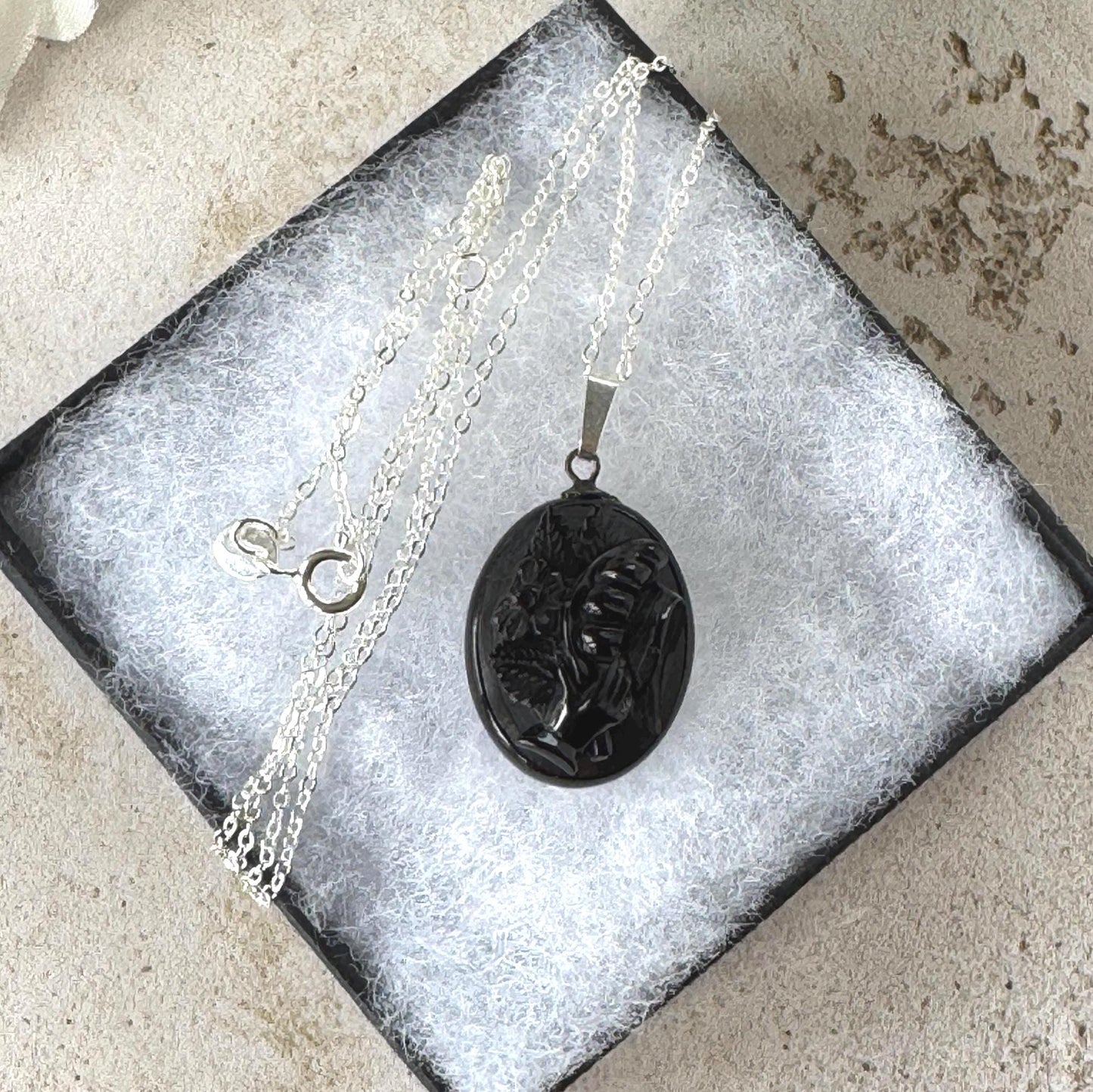 Antique Victorian Whitby Jet Hand Pendant | Deeply Carved Floral Hat, c.1880