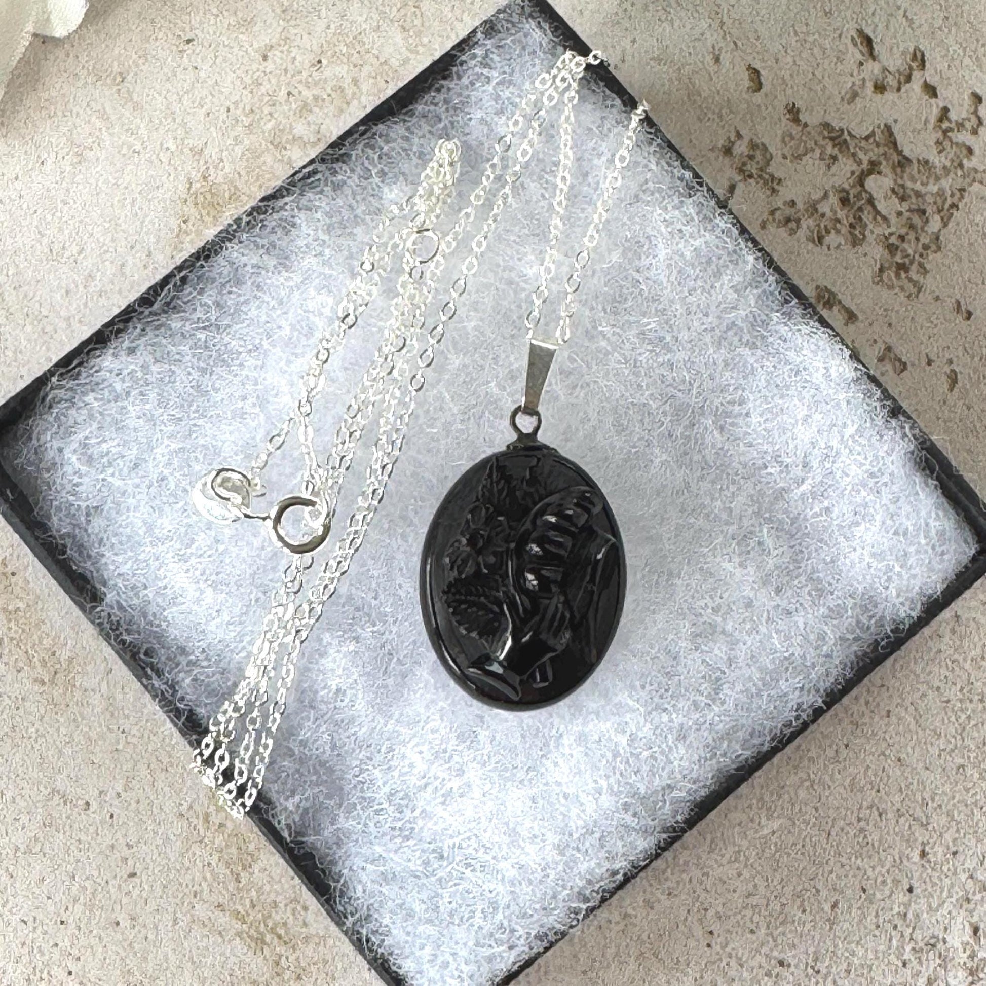 Antique Victorian Whitby Jet Hand Pendant | Deeply Carved Floral Hat, c.1880