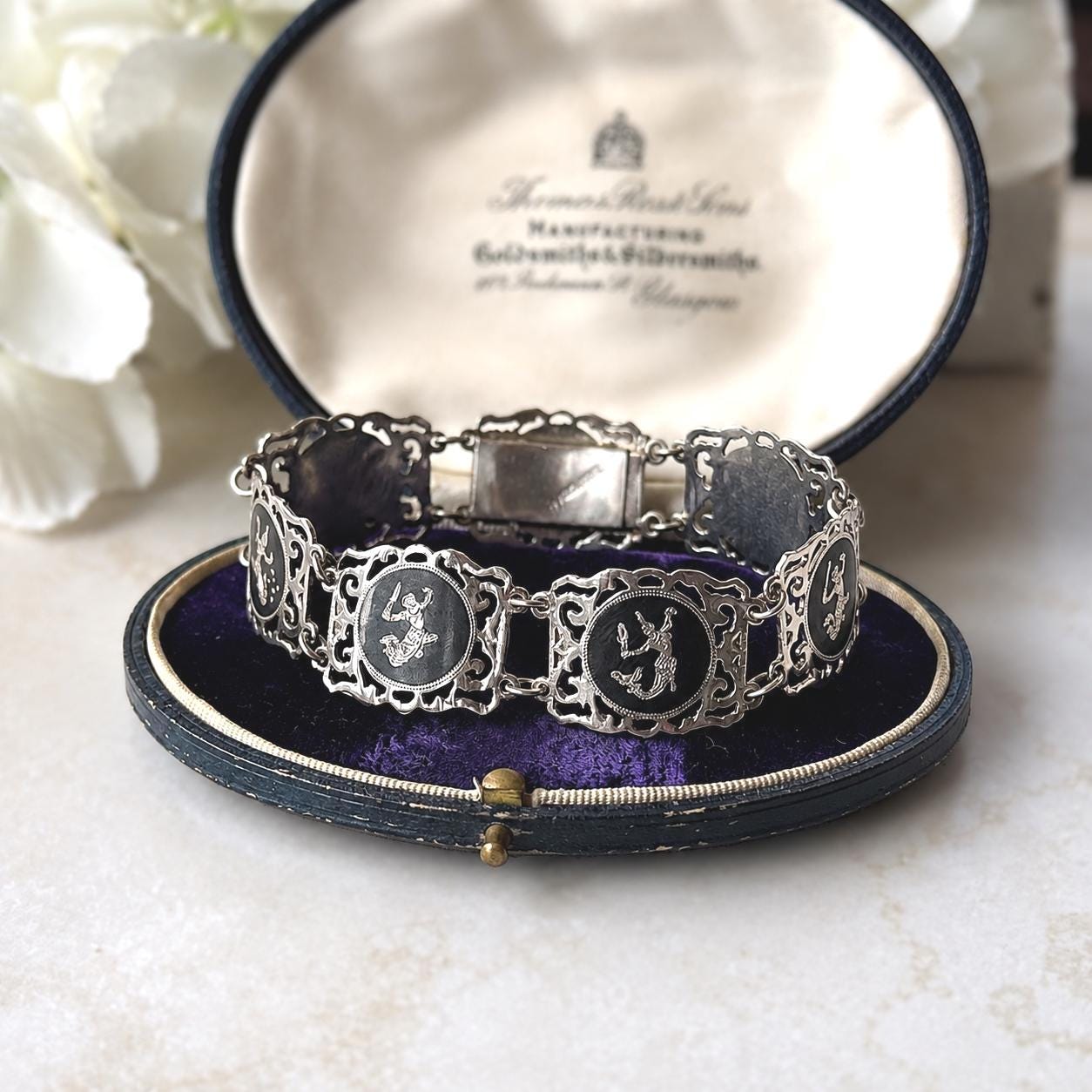 Vintage Siam Sterling Silver Nielloware Panel Bracelet Circa 1940