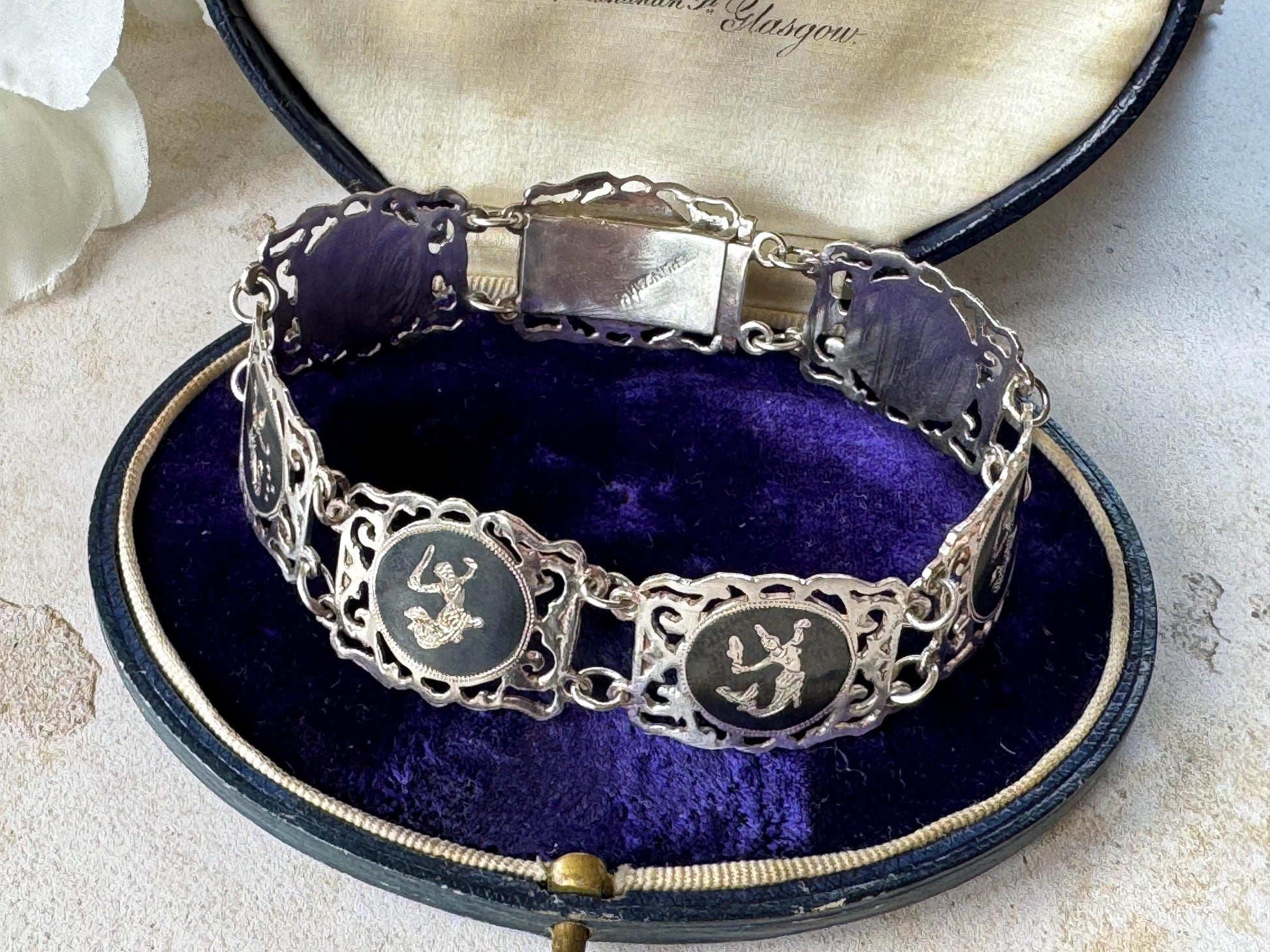 Vintage Siam Sterling Silver Nielloware Panel Bracelet Circa 1940