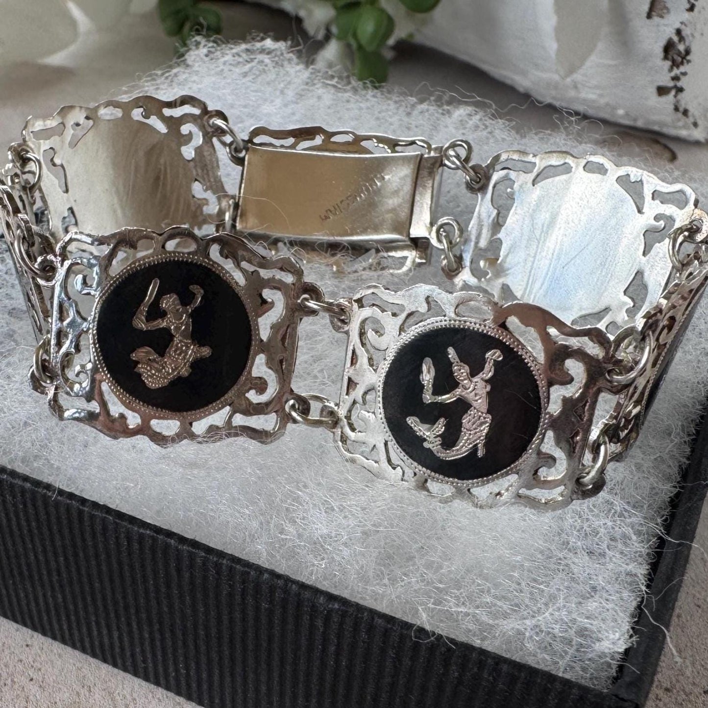 Vintage Siam Sterling Silver Nielloware Panel Bracelet Circa 1940