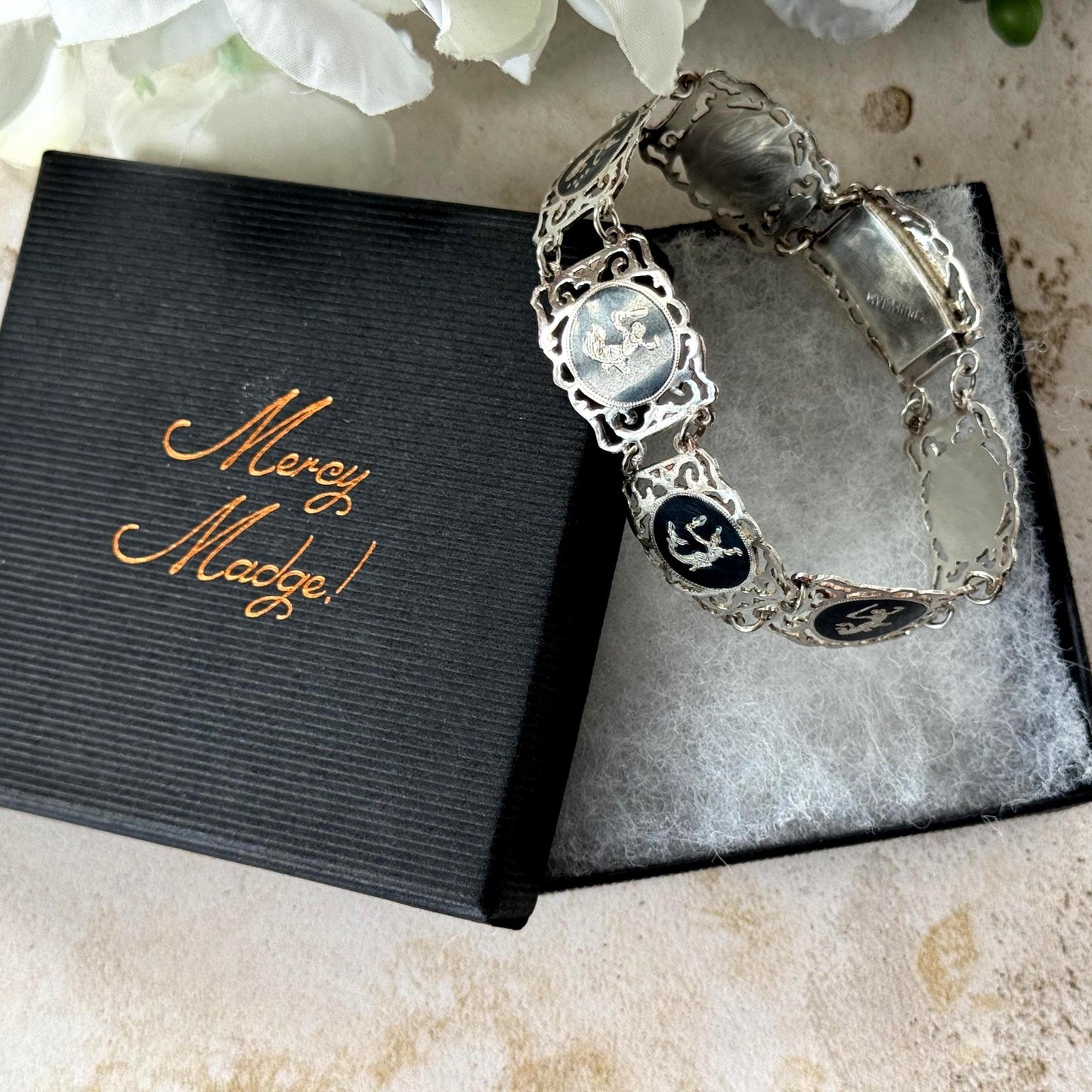 Vintage Siam Sterling Silver Nielloware Panel Bracelet Circa 1940