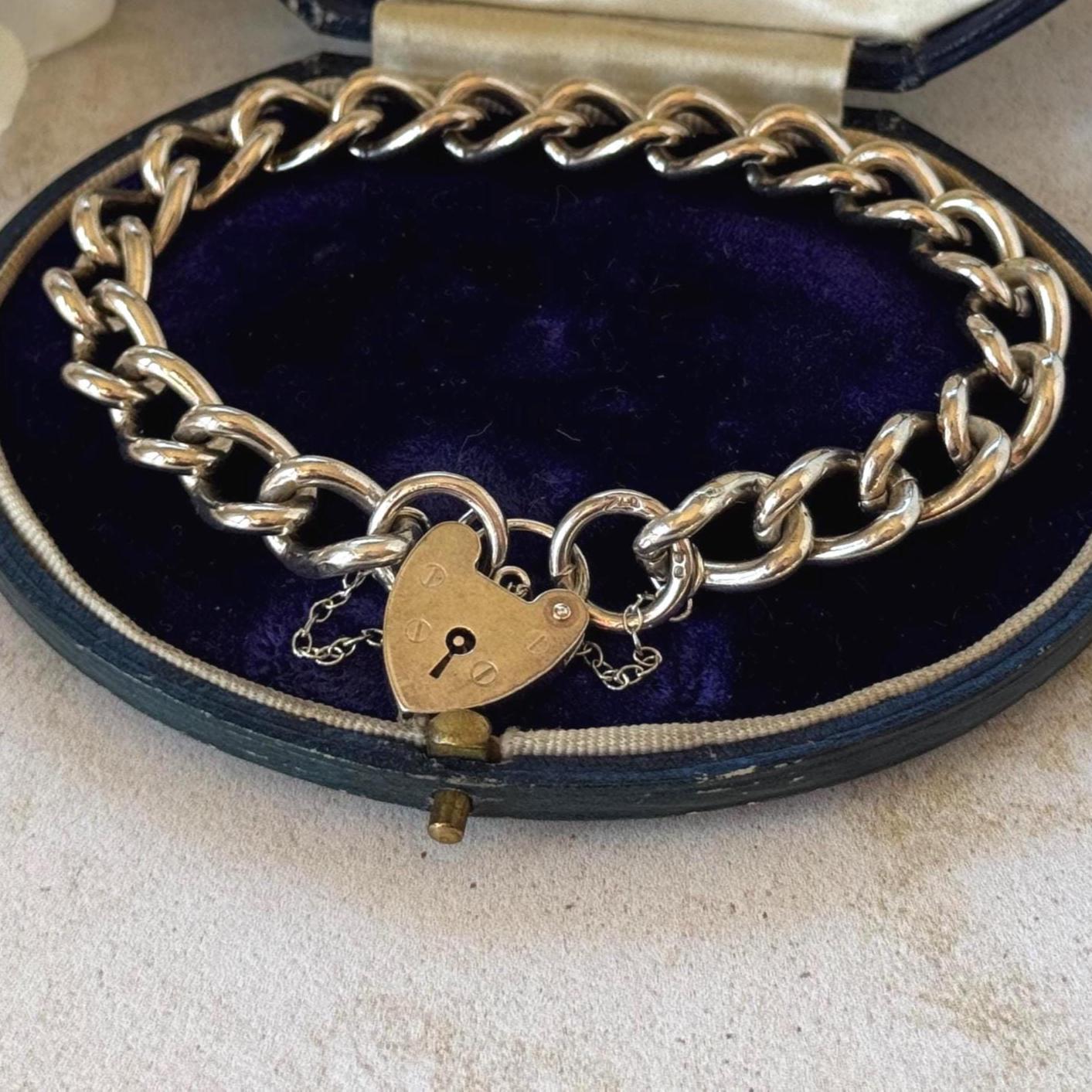 Vintage 1970s Chunky Sterling Silver Heart Padlock Bracelet, Fred Manshaw 1974 London Hallmarks