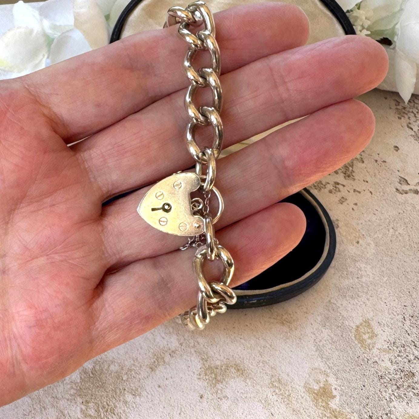 Vintage 1970s Chunky Sterling Silver Heart Padlock Bracelet, Fred Manshaw 1974 London Hallmarks