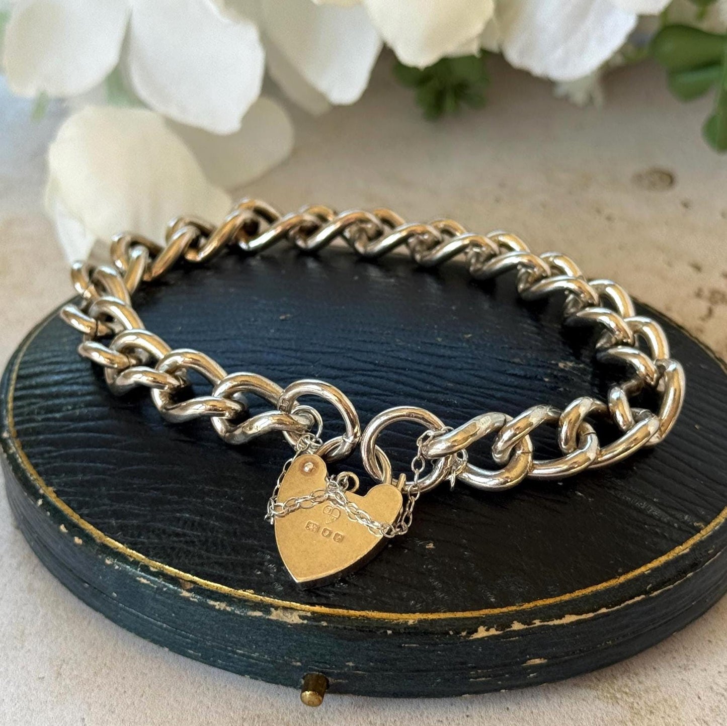 Vintage 1970s Chunky Sterling Silver Heart Padlock Bracelet, Fred Manshaw 1974 London Hallmarks