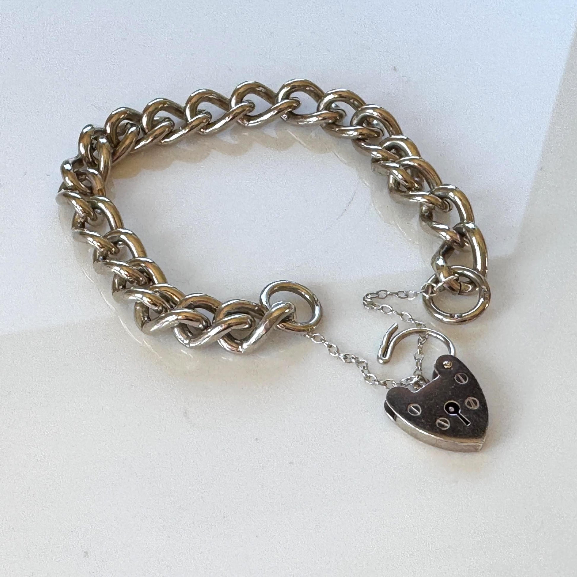 Vintage 1970s Chunky Sterling Silver Heart Padlock Bracelet, Fred Manshaw 1974 London Hallmarks