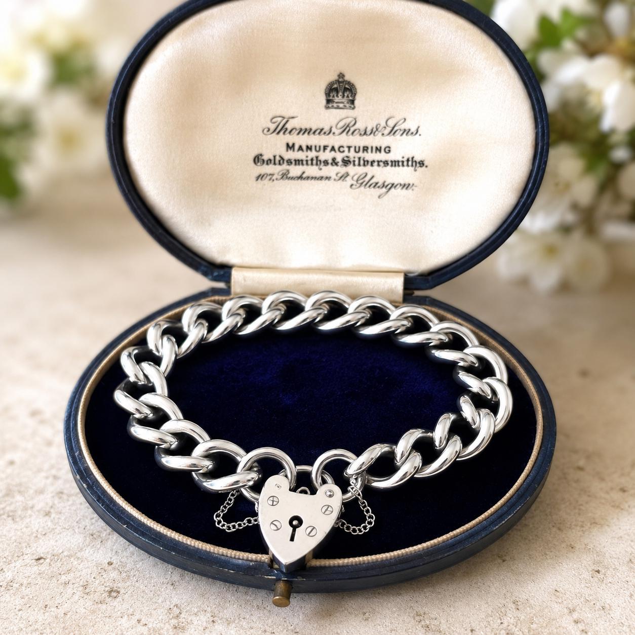 Vintage 1970s Chunky Sterling Silver Heart Padlock Bracelet, Fred Manshaw 1974 London Hallmarks